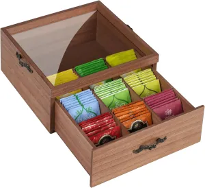 Tea Bag Organizer, Wooden Tea Box Organizer Storage Box, Tea Bag Holder with Drawer & Glass Window, Sugar Packet Holder 9 Compartments, Tea Bag Caddy Box for Home, Office, Tea Parties