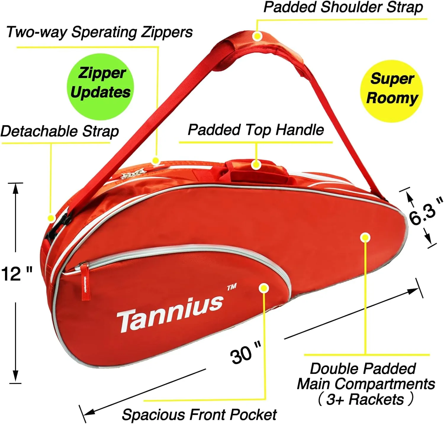 Tennis Racket Bag (3-5 Racquet), with Shoe & Phone Compartment and Protective Pad, Super Roomy and Lightweight Racquet Bag for Tennis, Badminton