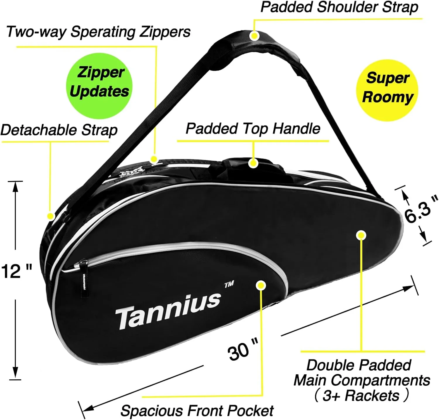 Tennis Racket Bag (3-5 Racquet), with Shoe & Phone Compartment and Protective Pad, Super Roomy and Lightweight Racquet Bag for Tennis, Badminton