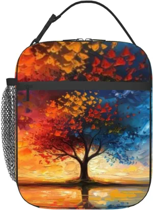 The abstract painting shows a tree colorful leaves under a dramatic Insulated Iunch Bag for Men Woman Large Portable Waterproof Reusable Thermal Lunch Box with Pockets for Work Travel Picnic