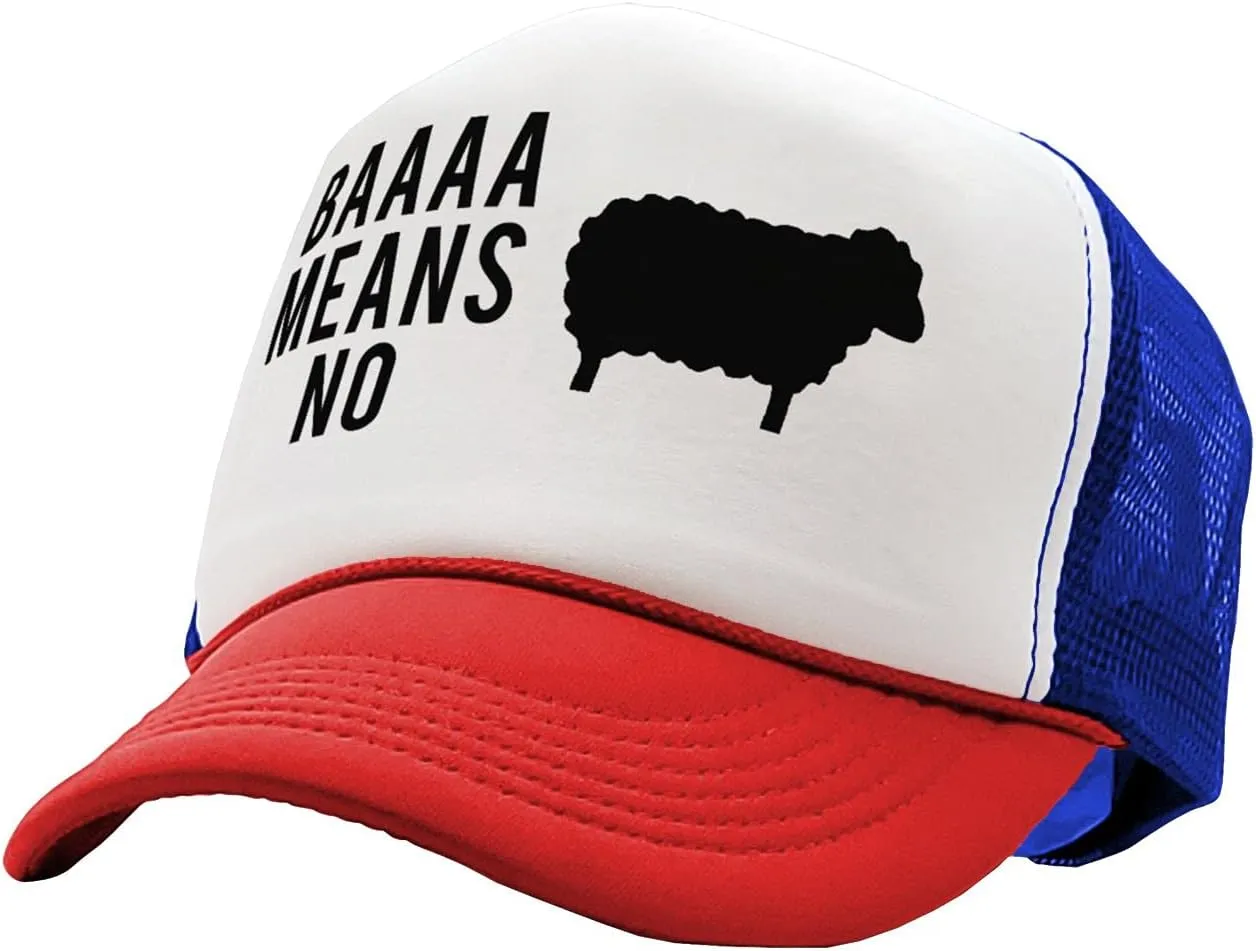 The Goozler - BAAAAAA Means NO - Sheep Parody Joke Gag - Vintage Retro Style Trucker Cap Hat