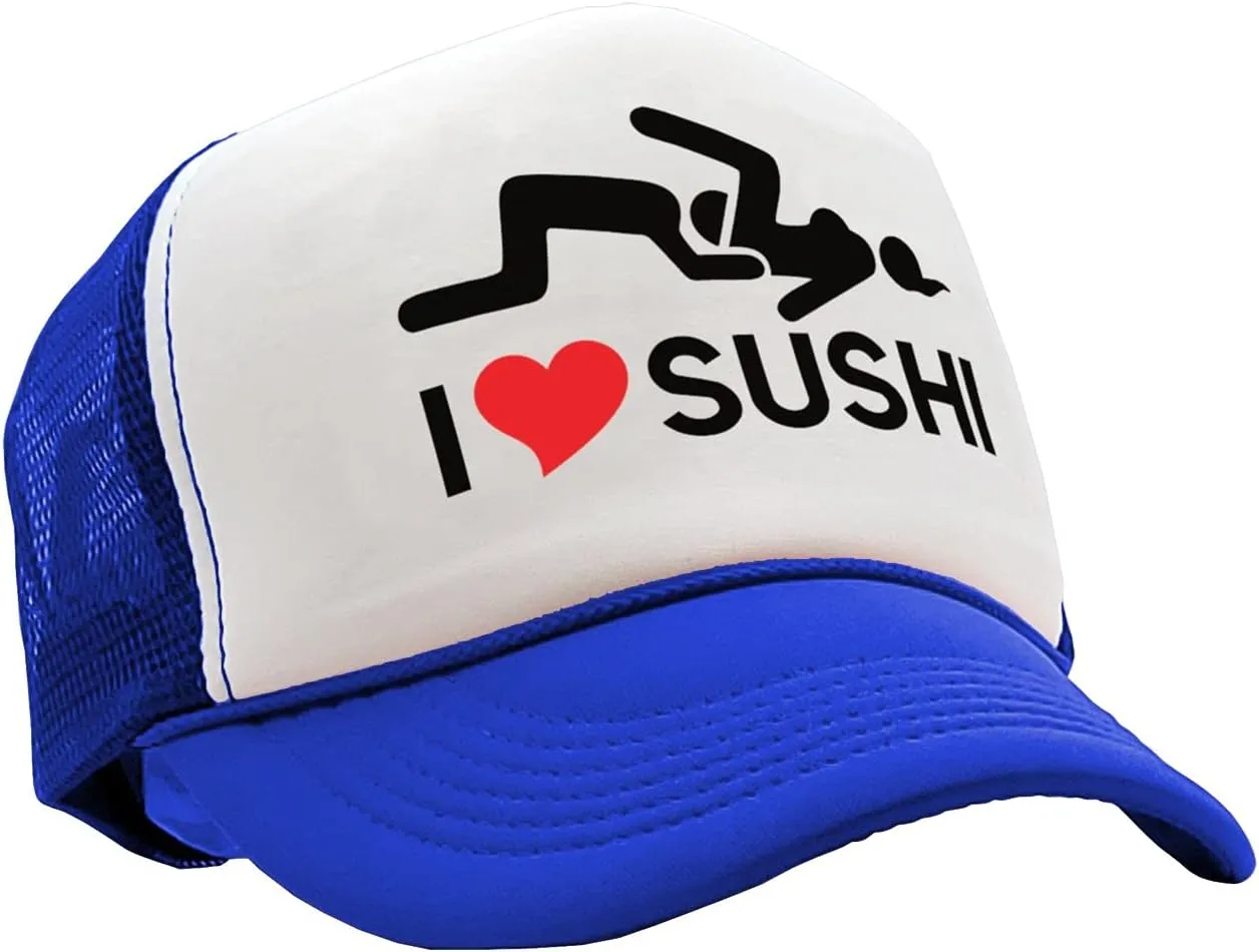 The Goozler - I Heart Sushi - 69 eat Out Sexy Down Town - Vintage Retro Style Trucker Cap Hat