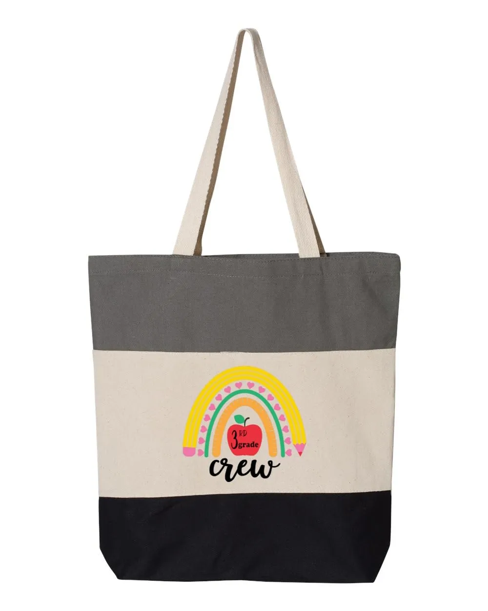 Third Grade Crew Rainbow Tote Bag,Custom 3rd Grade Crew Tote Bag, Third grade crew (15"L x 15"H x 3"D, Tri-Color Grey)