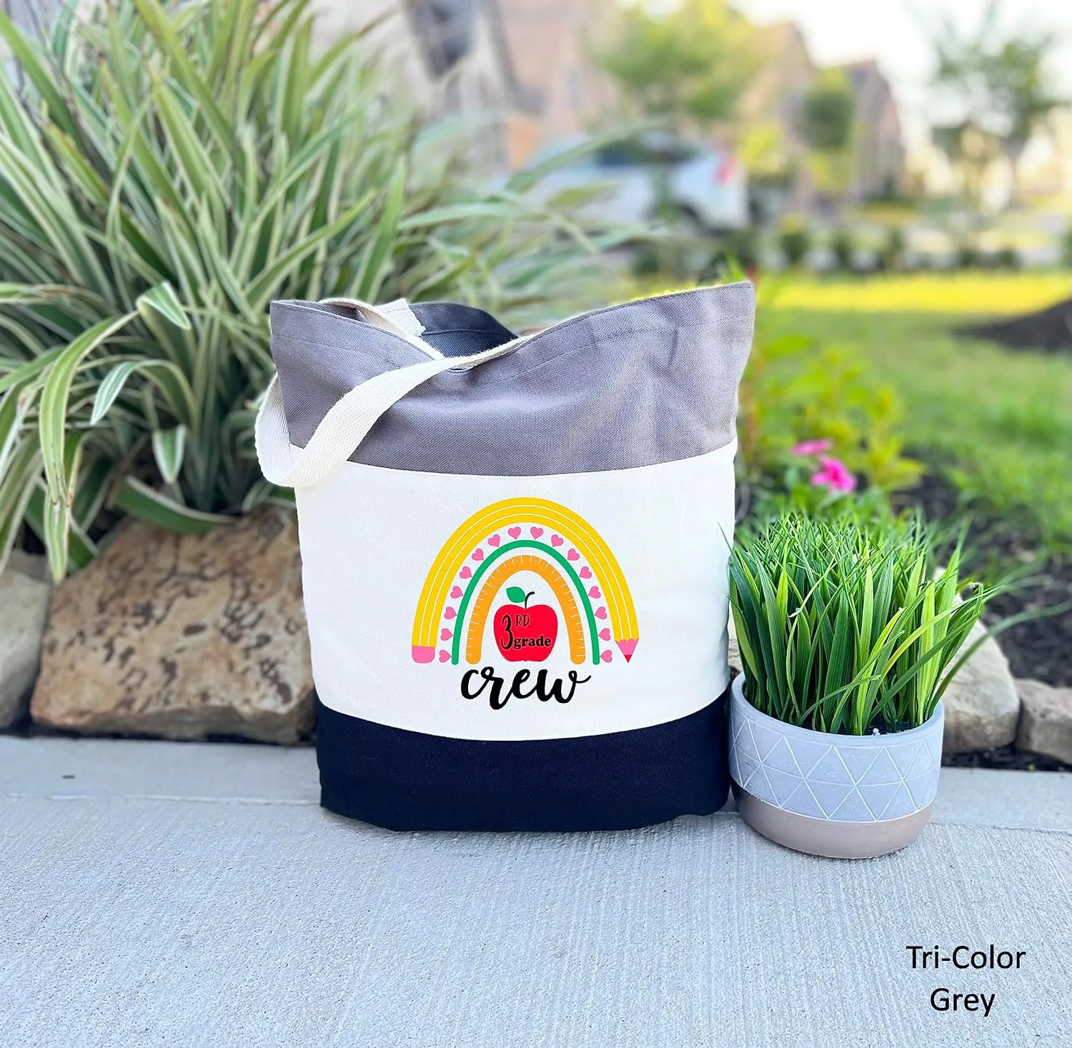 Third Grade Crew Rainbow Tote Bag,Custom 3rd Grade Crew Tote Bag, Third grade crew (15"L x 15"H x 3"D, Tri-Color Grey)
