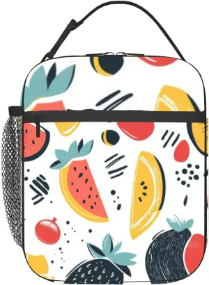 This playful and colorful depicts various fruits a whimsical way Insulated Iunch Bag for Men Woman Large Portable Waterproof Reusable Thermal Lunch Box with Pockets for Work Travel Picnic