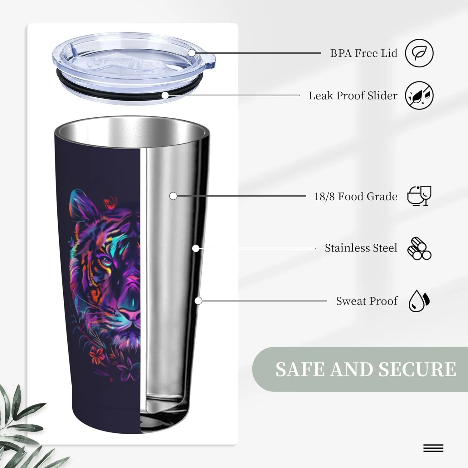 Tiger Tumbler with Lid and Straw 20 OZ Stainless Steel Travel Coffee Mug Double Wall Insulated Cup Leakproof for Car Sports Cafe Office