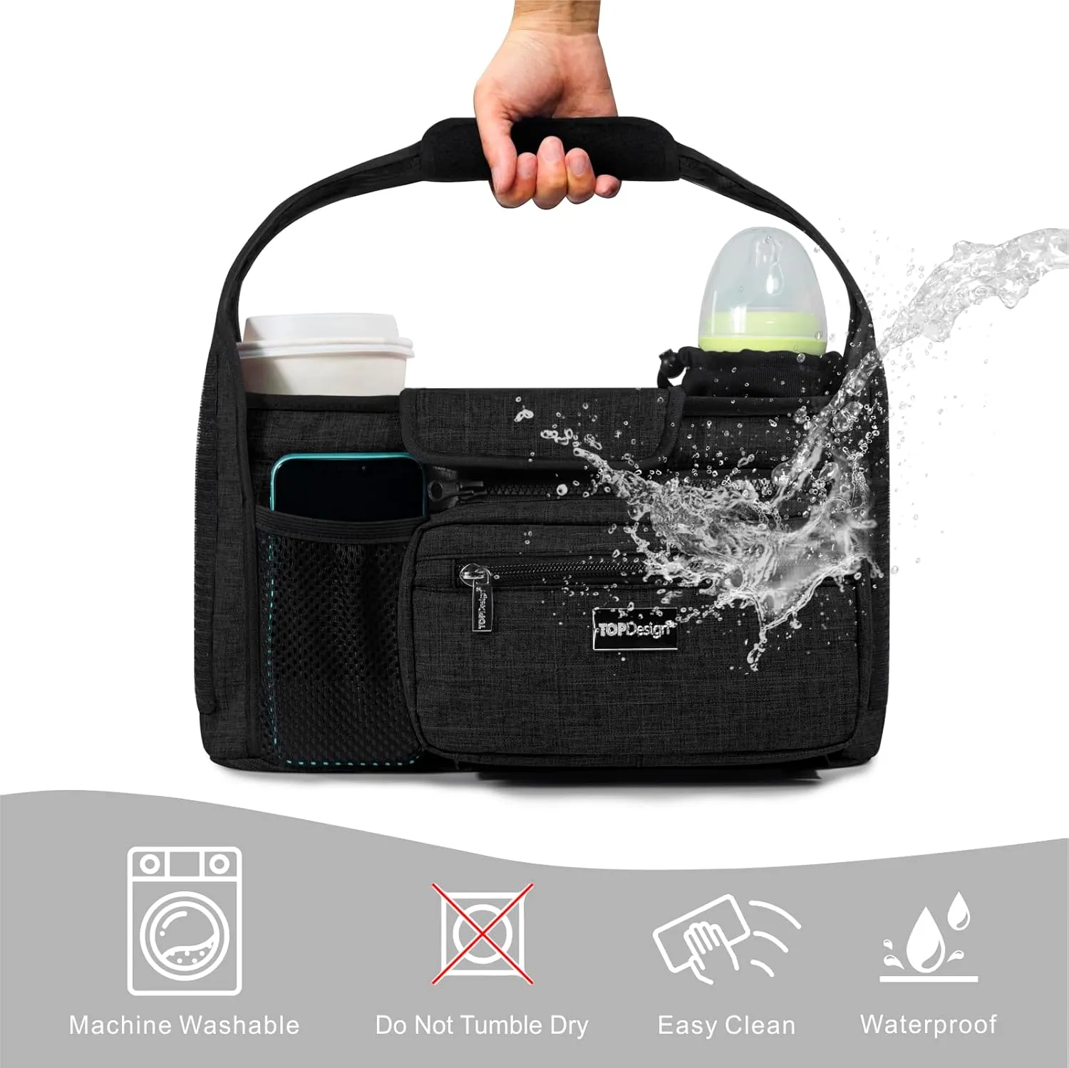 TOPDesign Universal Baby Stroller Organizer, Stroller Caddy with Detachable Mesh Bag & Heightened Insulated Cup Holders & Non-Slip Secure Hooks Accessories, Fits Most Strollers (Butterfly)