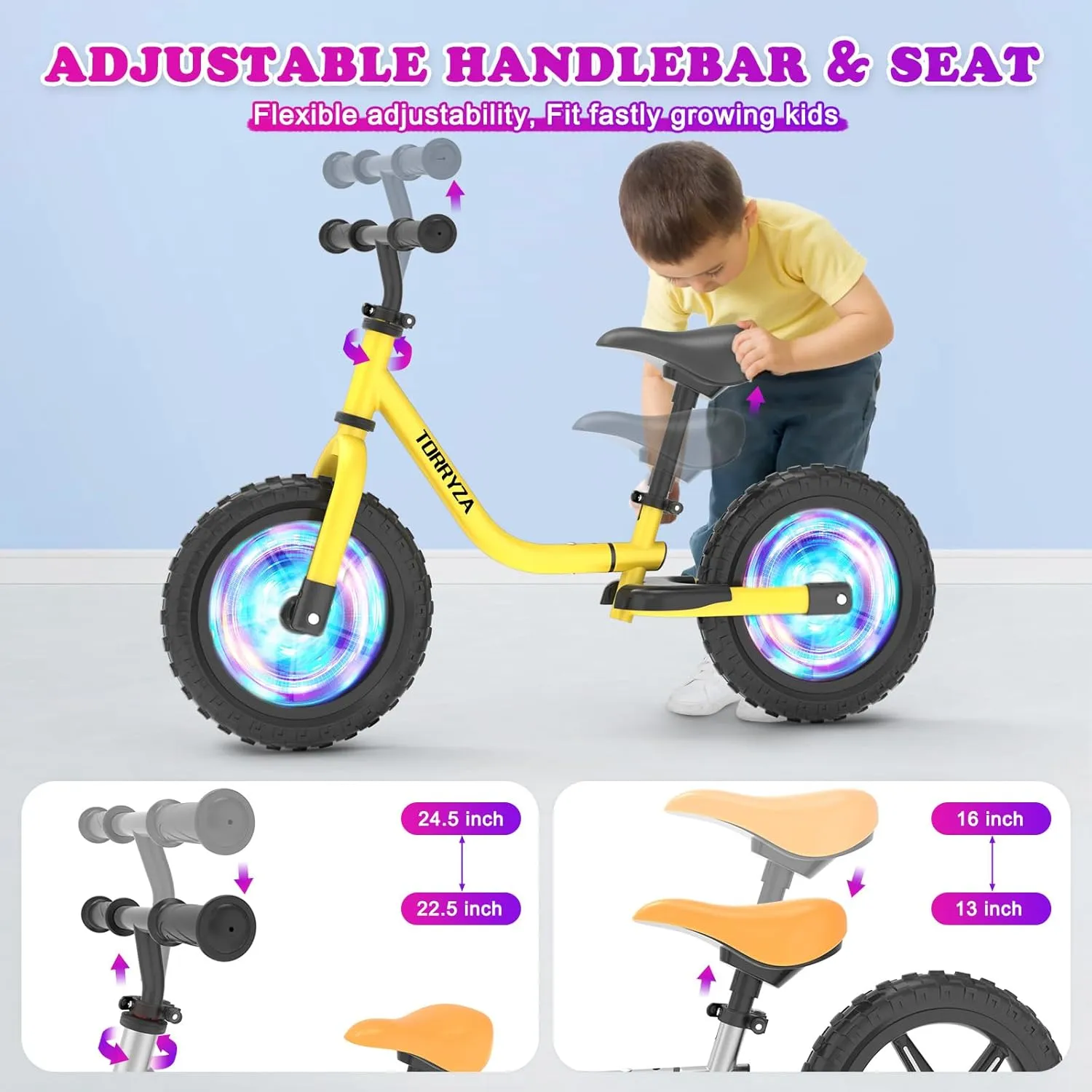 TORRYZA Colorful Lighting Toddler Balance Bike 2 Year Old, Balance Bike 2-5 Years Old,Easy Assembly, Lightweight No Pedal Bike with Adjustable Seat & Handlebar,Gifts for 2 3 4 5 Year Old Boys Girls