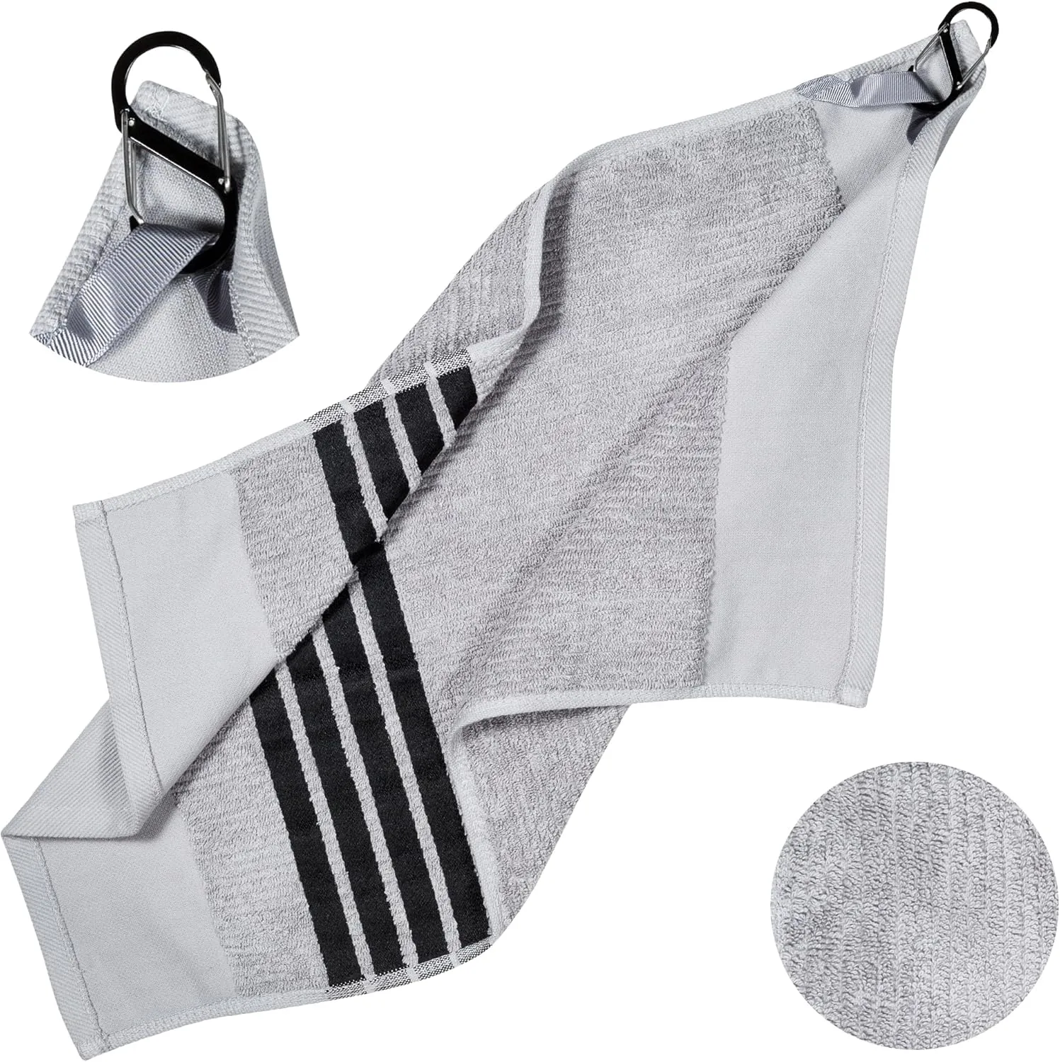 Tour Towel Terry Cloth Golf Towel (15.5" x 23") with Premium Carabiner Golf Bag Clip | Super Absorbent, Golf Ball Cleaning Towel for Golf Clubs, Multiple Color Options (Grey w/Black Stripes)