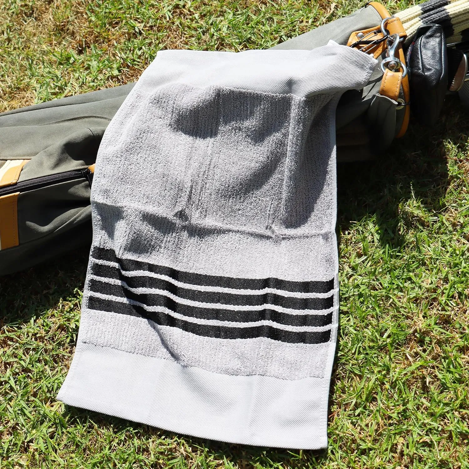 Tour Towel Terry Cloth Golf Towel (15.5" x 23") with Premium Carabiner Golf Bag Clip | Super Absorbent, Golf Ball Cleaning Towel for Golf Clubs, Multiple Color Options (Grey w/Black Stripes)