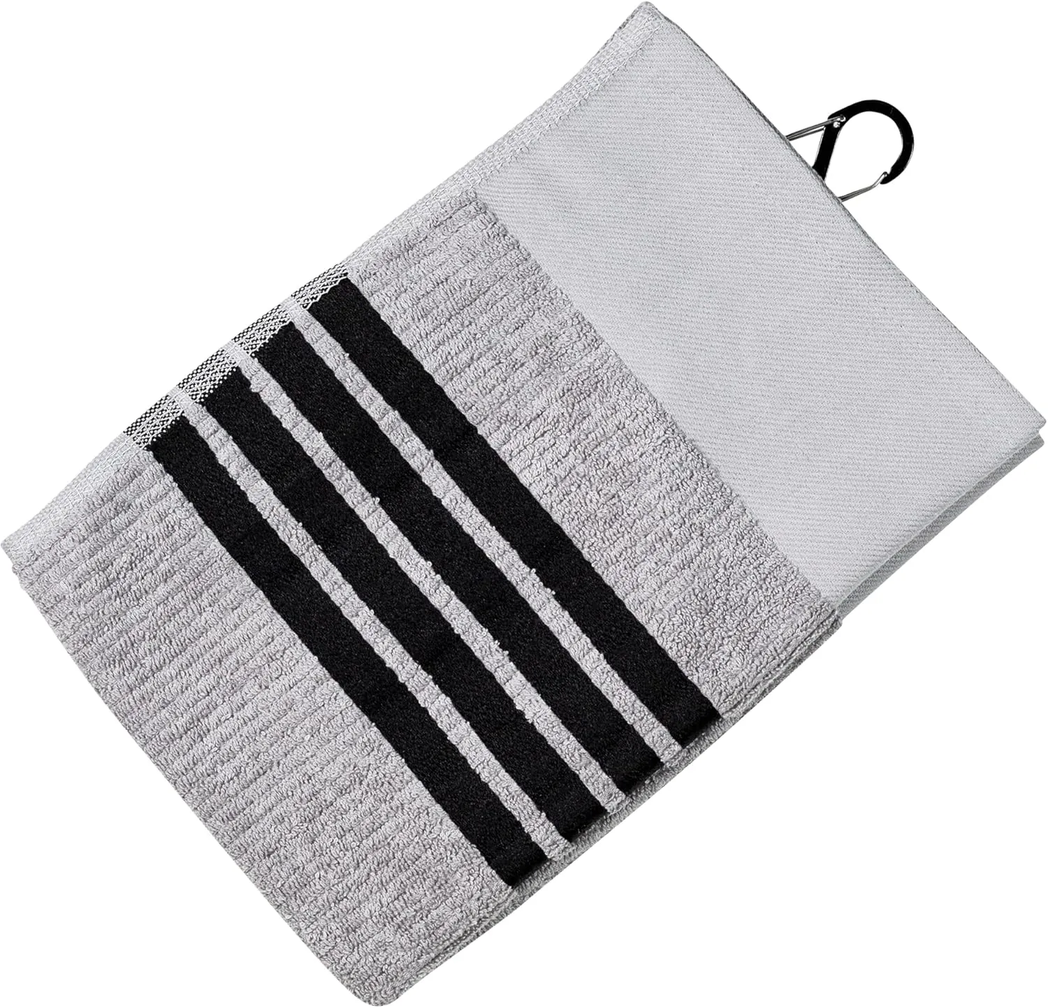 Tour Towel Terry Cloth Golf Towel (15.5" x 23") with Premium Carabiner Golf Bag Clip | Super Absorbent, Golf Ball Cleaning Towel for Golf Clubs, Multiple Color Options (Grey w/Black Stripes)