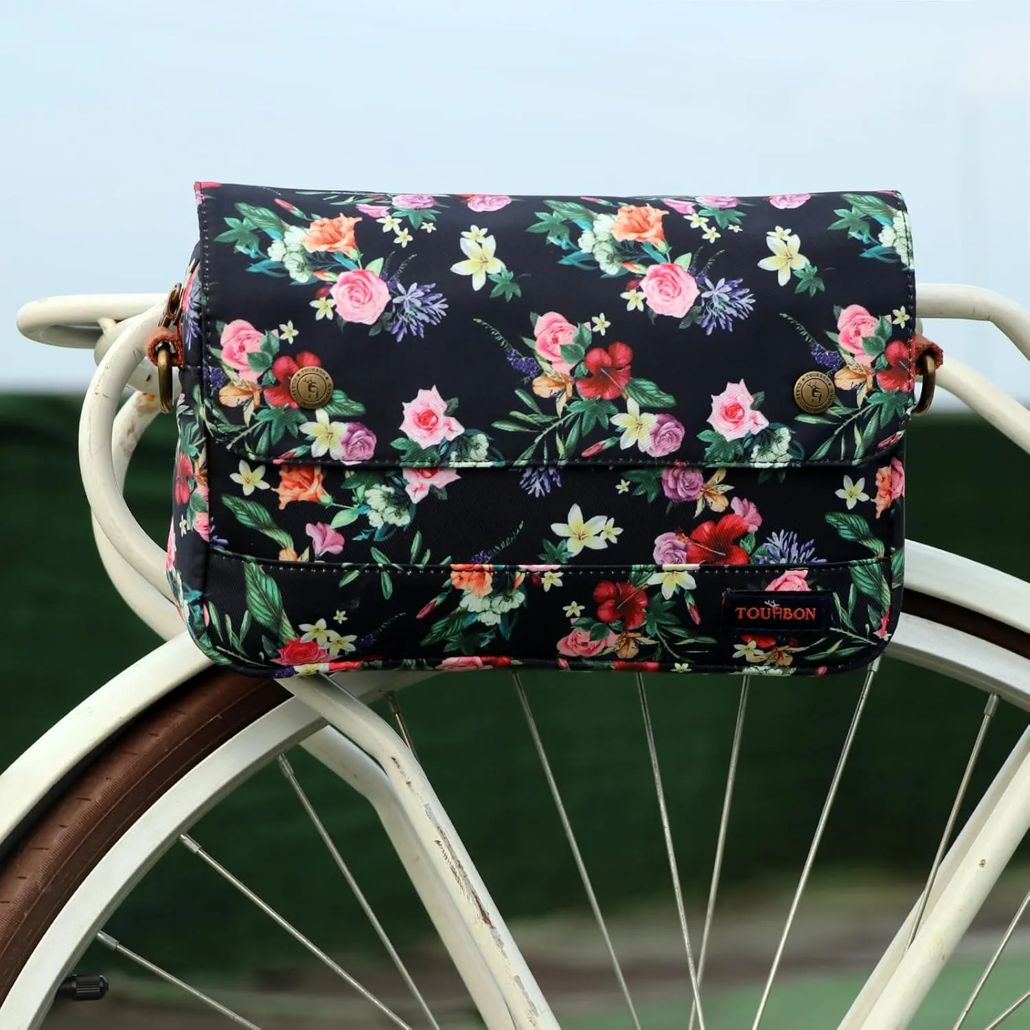 TOURBON Bike Bag Waxed Canvas Bicycle Handlebar Bag Zipper Closure Pouch Crossbar Front Frame Basket Cycling Saddebag Under Seat Strap-on Rear Rack Pannier (Black with Flower)