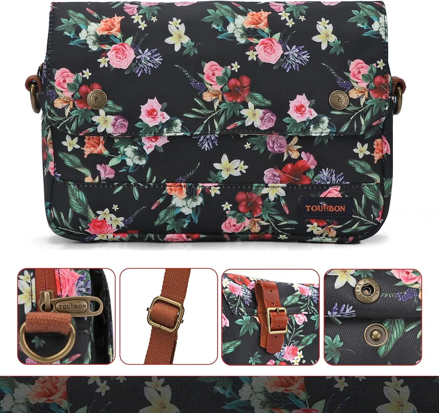 TOURBON Bike Bag Waxed Canvas Bicycle Handlebar Bag Zipper Closure Pouch Crossbar Front Frame Basket Cycling Saddebag Under Seat Strap-on Rear Rack Pannier (Black with Flower)