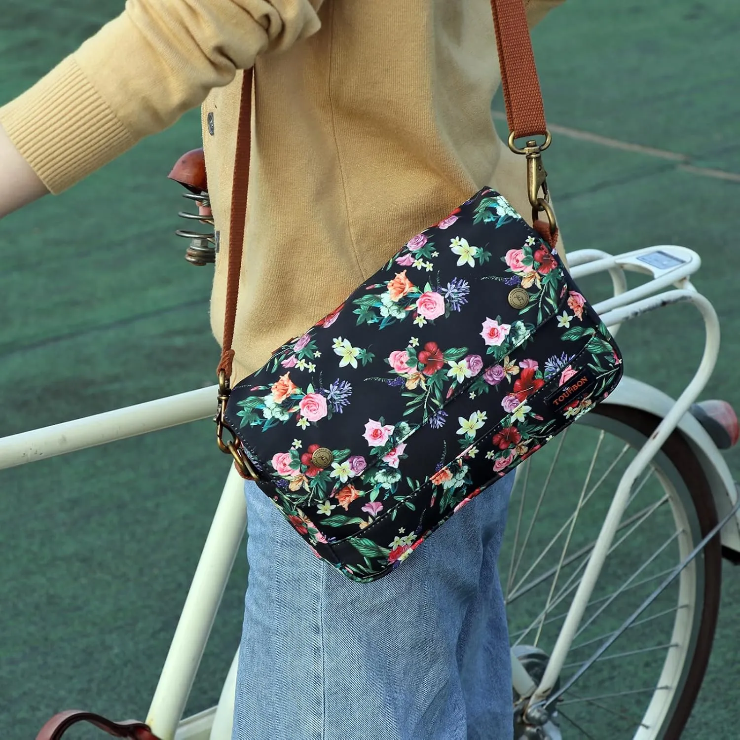 TOURBON Bike Bag Waxed Canvas Bicycle Handlebar Bag Zipper Closure Pouch Crossbar Front Frame Basket Cycling Saddebag Under Seat Strap-on Rear Rack Pannier (Black with Flower)