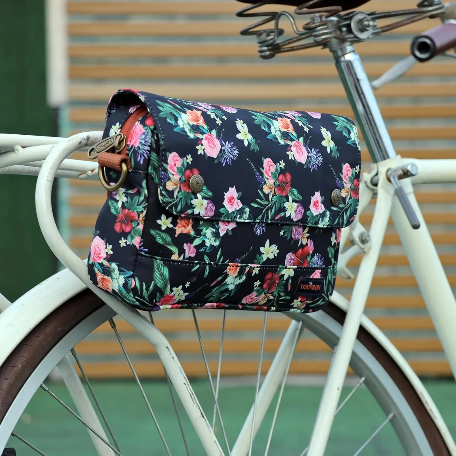 TOURBON Bike Bag Waxed Canvas Bicycle Handlebar Bag Zipper Closure Pouch Crossbar Front Frame Basket Cycling Saddebag Under Seat Strap-on Rear Rack Pannier (Black with Flower)