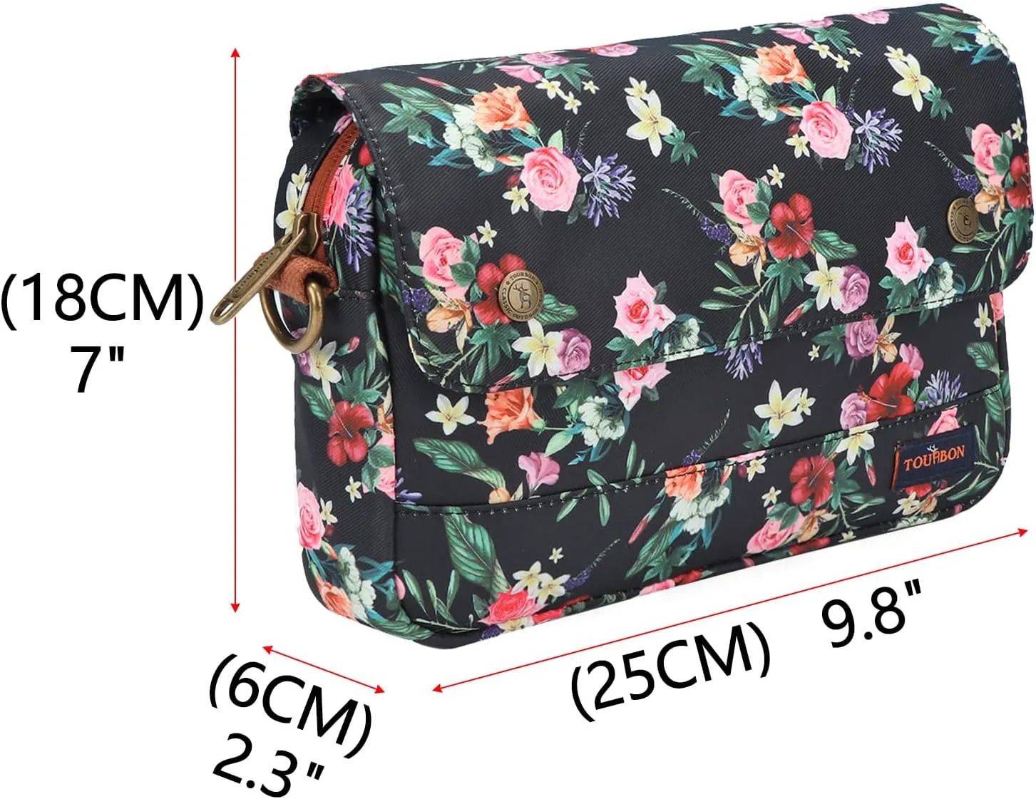 TOURBON Bike Bag Waxed Canvas Bicycle Handlebar Bag Zipper Closure Pouch Crossbar Front Frame Basket Cycling Saddebag Under Seat Strap-on Rear Rack Pannier (Black with Flower)