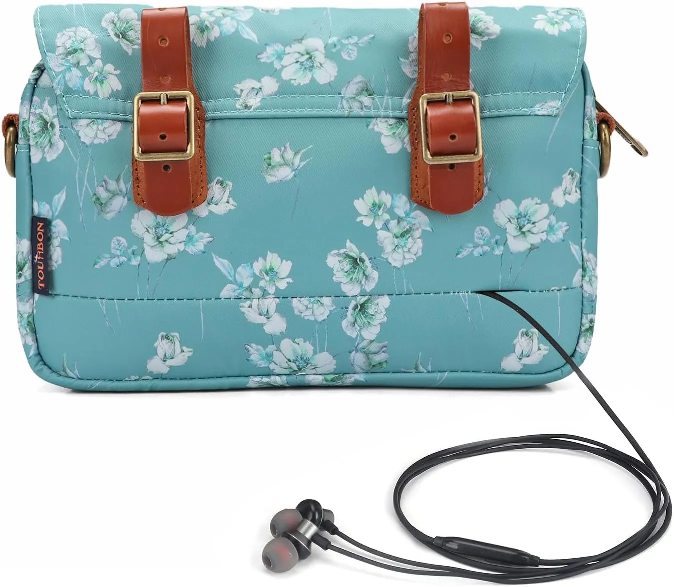 TOURBON Bike Bag Waxed Canvas Bicycle Handlebar Bag Zipper Closure Pouch Crossbar Front Frame Basket Cycling Saddebag Under Seat Strap-on Rear Rack Pannier (Blue with Flower)