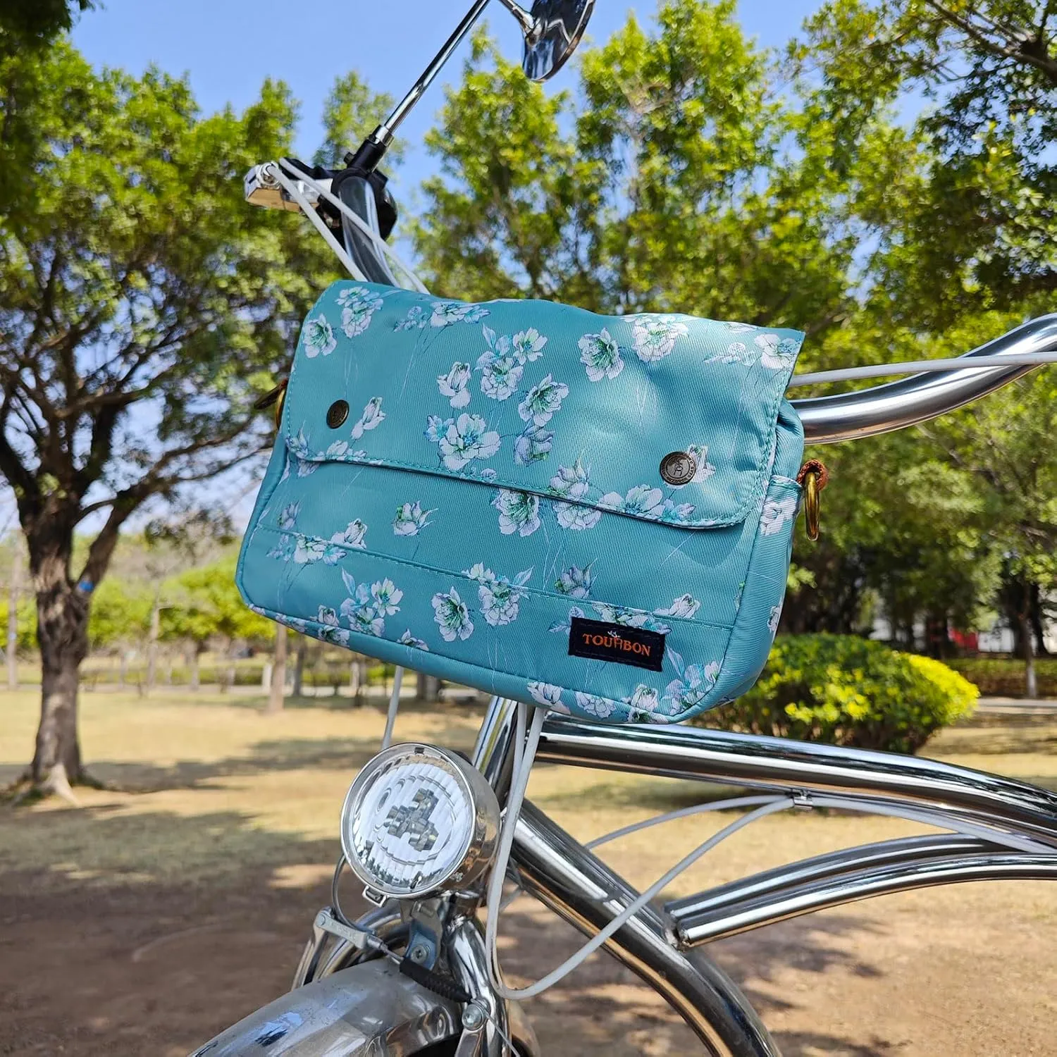 TOURBON Bike Bag Waxed Canvas Bicycle Handlebar Bag Zipper Closure Pouch Crossbar Front Frame Basket Cycling Saddebag Under Seat Strap-on Rear Rack Pannier (Blue with Flower)