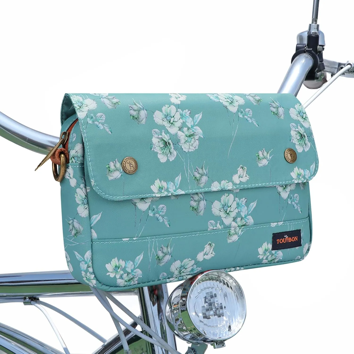 TOURBON Bike Bag Waxed Canvas Bicycle Handlebar Bag Zipper Closure Pouch Crossbar Front Frame Basket Cycling Saddebag Under Seat Strap-on Rear Rack Pannier (Blue with Flower)