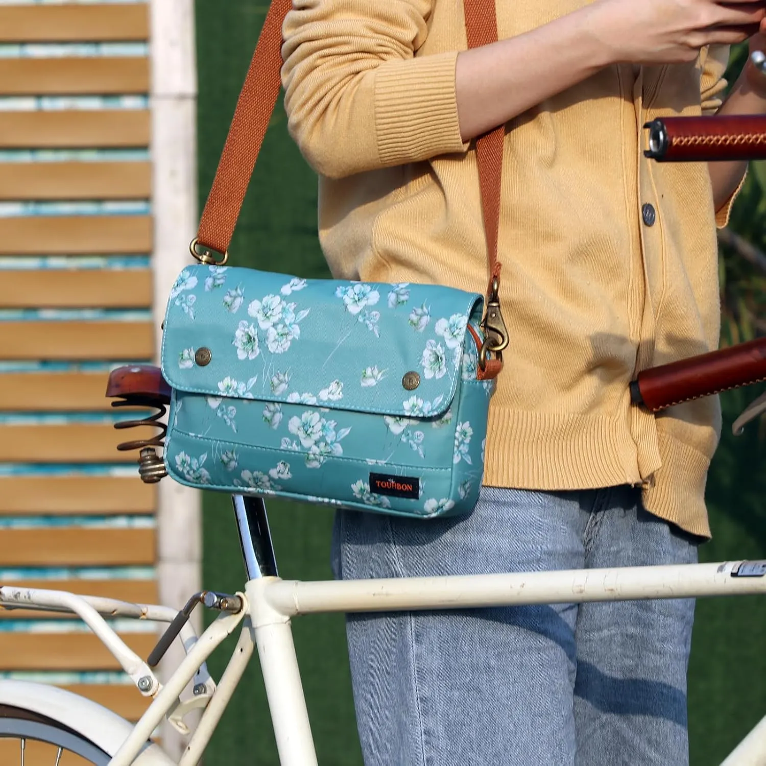TOURBON Bike Bag Waxed Canvas Bicycle Handlebar Bag Zipper Closure Pouch Crossbar Front Frame Basket Cycling Saddebag Under Seat Strap-on Rear Rack Pannier (Blue with Flower)