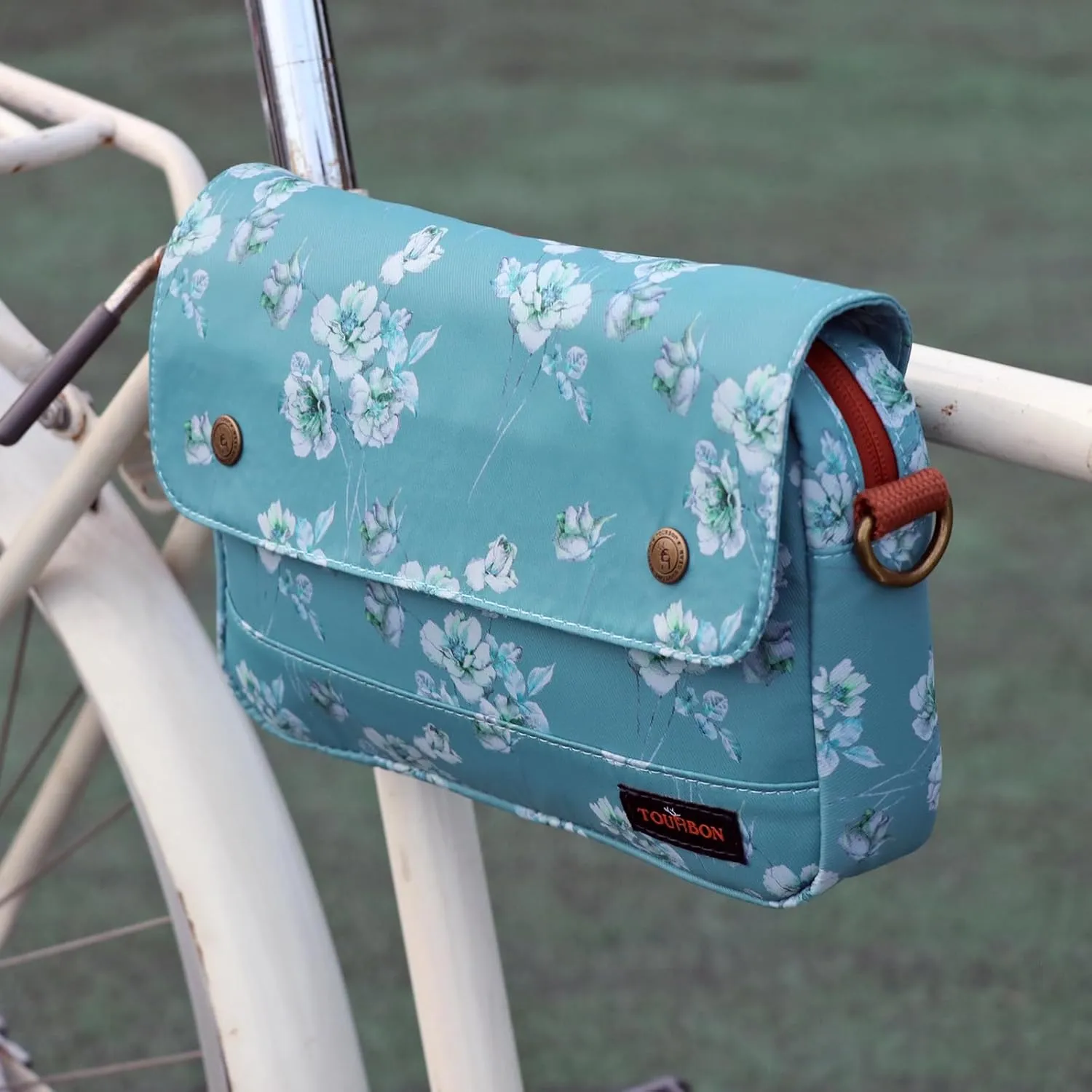 TOURBON Bike Bag Waxed Canvas Bicycle Handlebar Bag Zipper Closure Pouch Crossbar Front Frame Basket Cycling Saddebag Under Seat Strap-on Rear Rack Pannier (Blue with Flower)