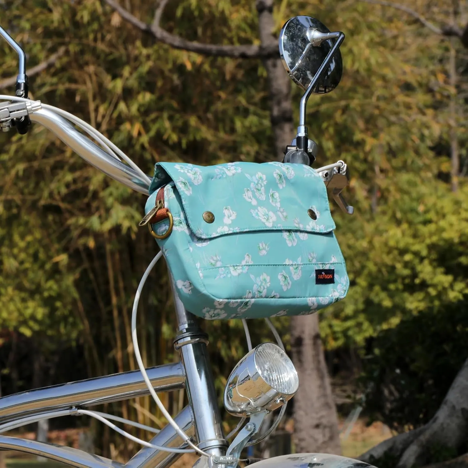 TOURBON Bike Bag Waxed Canvas Bicycle Handlebar Bag Zipper Closure Pouch Crossbar Front Frame Basket Cycling Saddebag Under Seat Strap-on Rear Rack Pannier (Blue with Flower)
