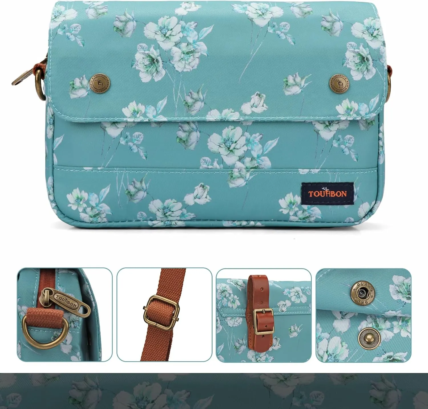 TOURBON Bike Bag Waxed Canvas Bicycle Handlebar Bag Zipper Closure Pouch Crossbar Front Frame Basket Cycling Saddebag Under Seat Strap-on Rear Rack Pannier (Blue with Flower)