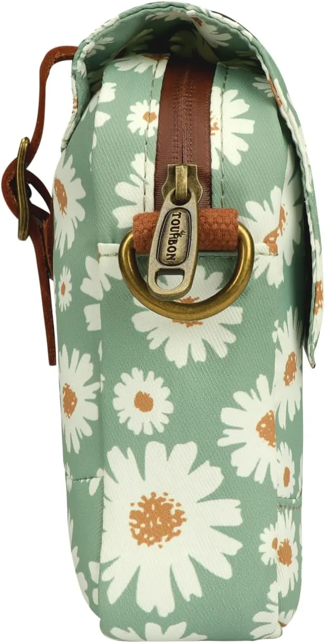 TOURBON Bike Bag Waxed Canvas Bicycle Handlebar Bag Zipper Closure Pouch Crossbar Front Frame Basket Cycling Saddebag Under Seat Strap-on Rear Rack Pannier (Light Green with Flower)