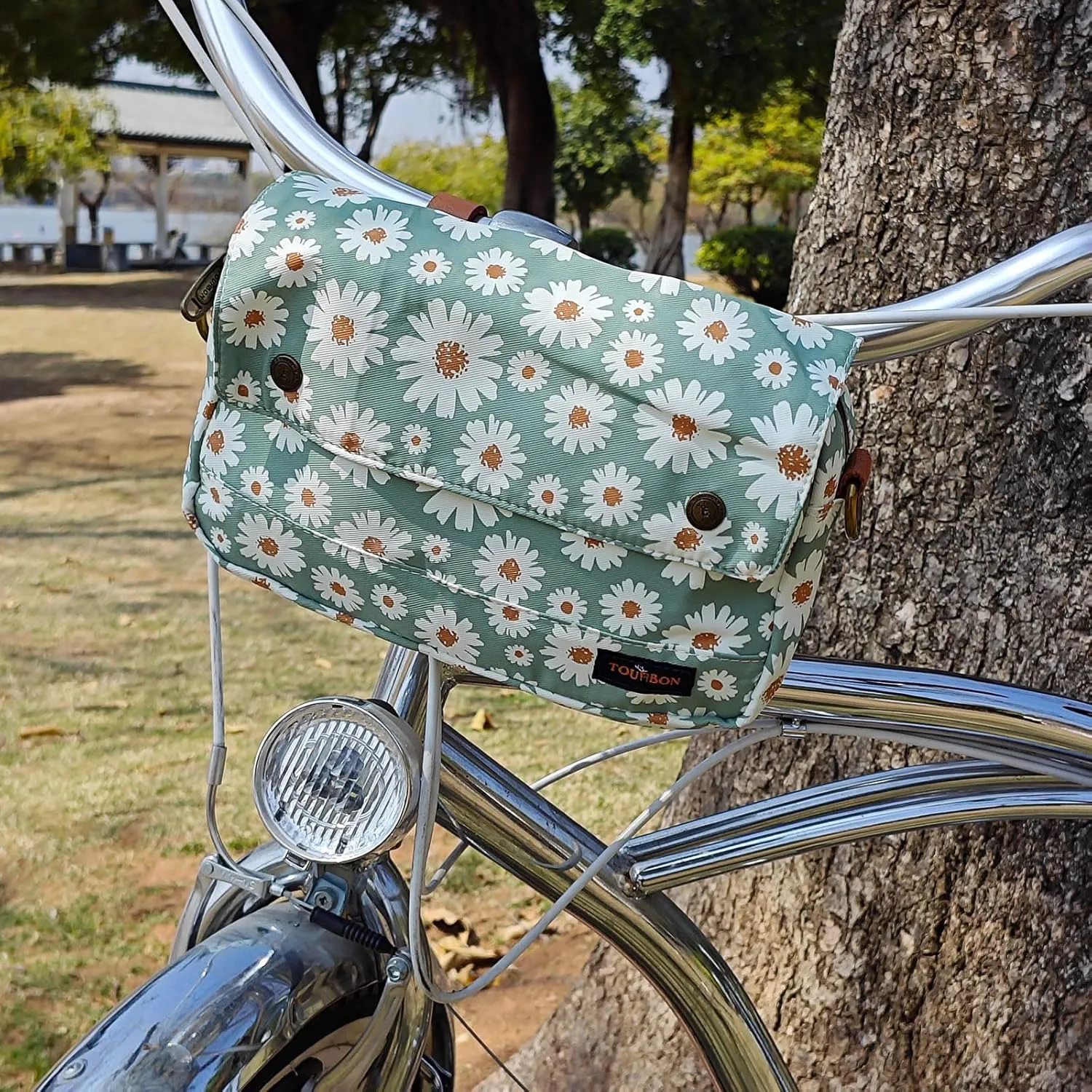 TOURBON Bike Bag Waxed Canvas Bicycle Handlebar Bag Zipper Closure Pouch Crossbar Front Frame Basket Cycling Saddebag Under Seat Strap-on Rear Rack Pannier (Light Green with Flower)