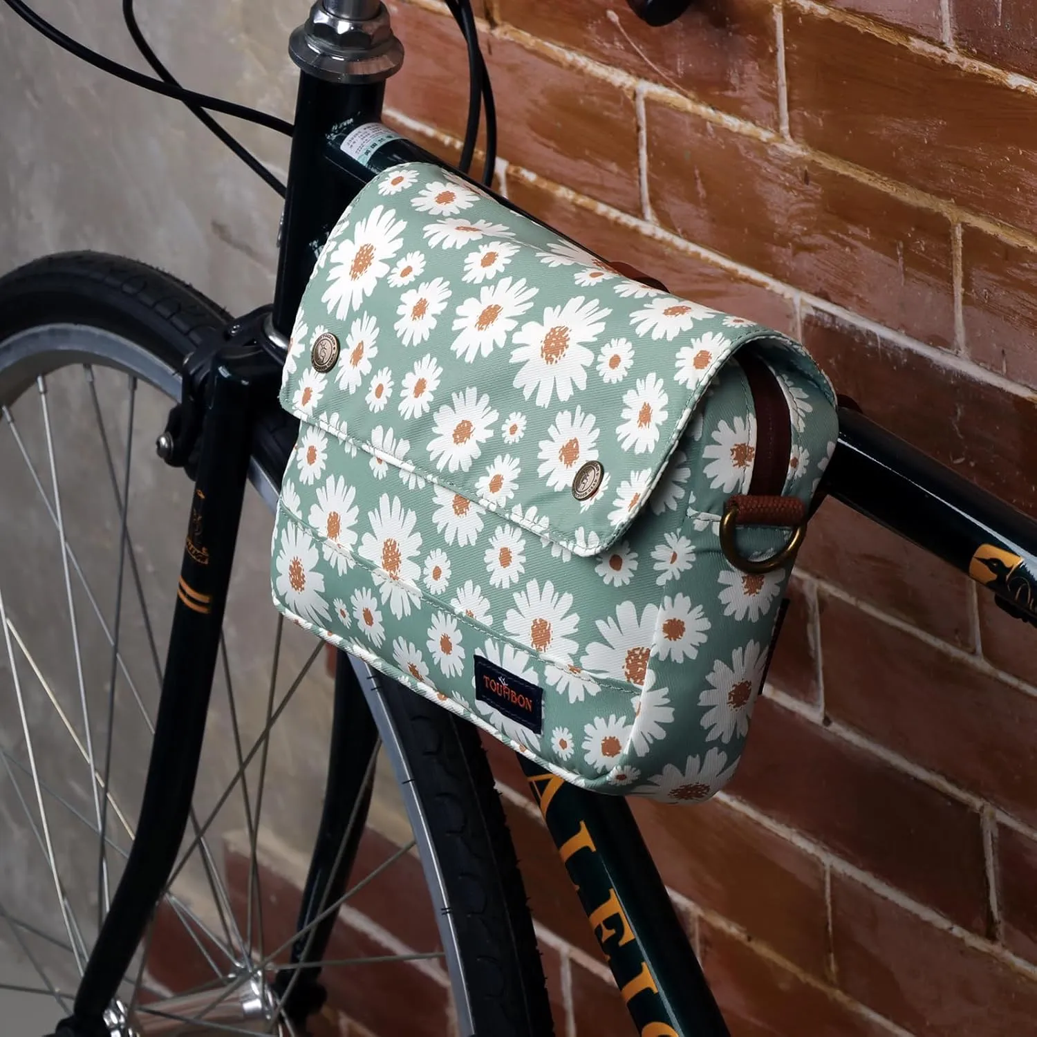 TOURBON Bike Bag Waxed Canvas Bicycle Handlebar Bag Zipper Closure Pouch Crossbar Front Frame Basket Cycling Saddebag Under Seat Strap-on Rear Rack Pannier (Light Green with Flower)
