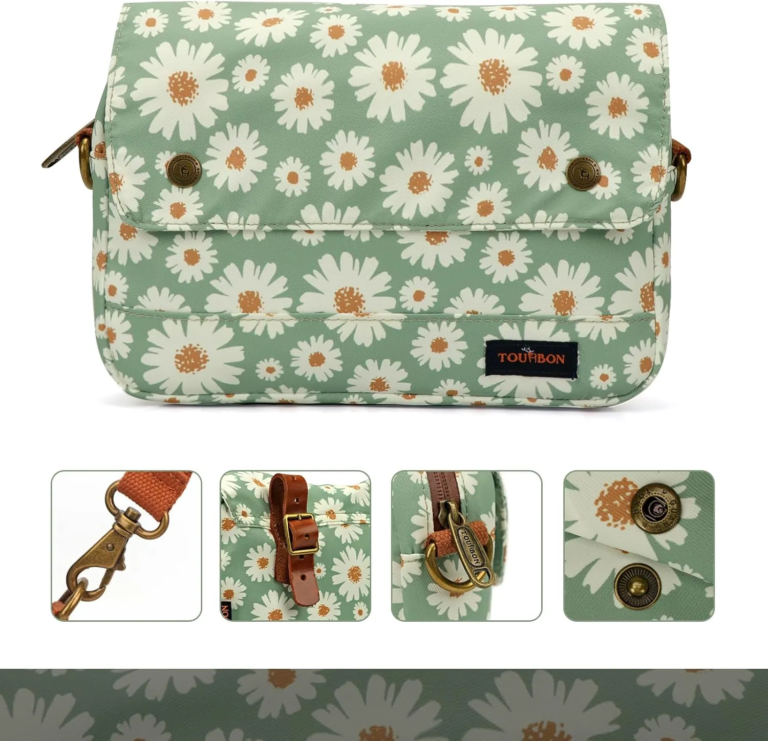 TOURBON Bike Bag Waxed Canvas Bicycle Handlebar Bag Zipper Closure Pouch Crossbar Front Frame Basket Cycling Saddebag Under Seat Strap-on Rear Rack Pannier (Light Green with Flower)