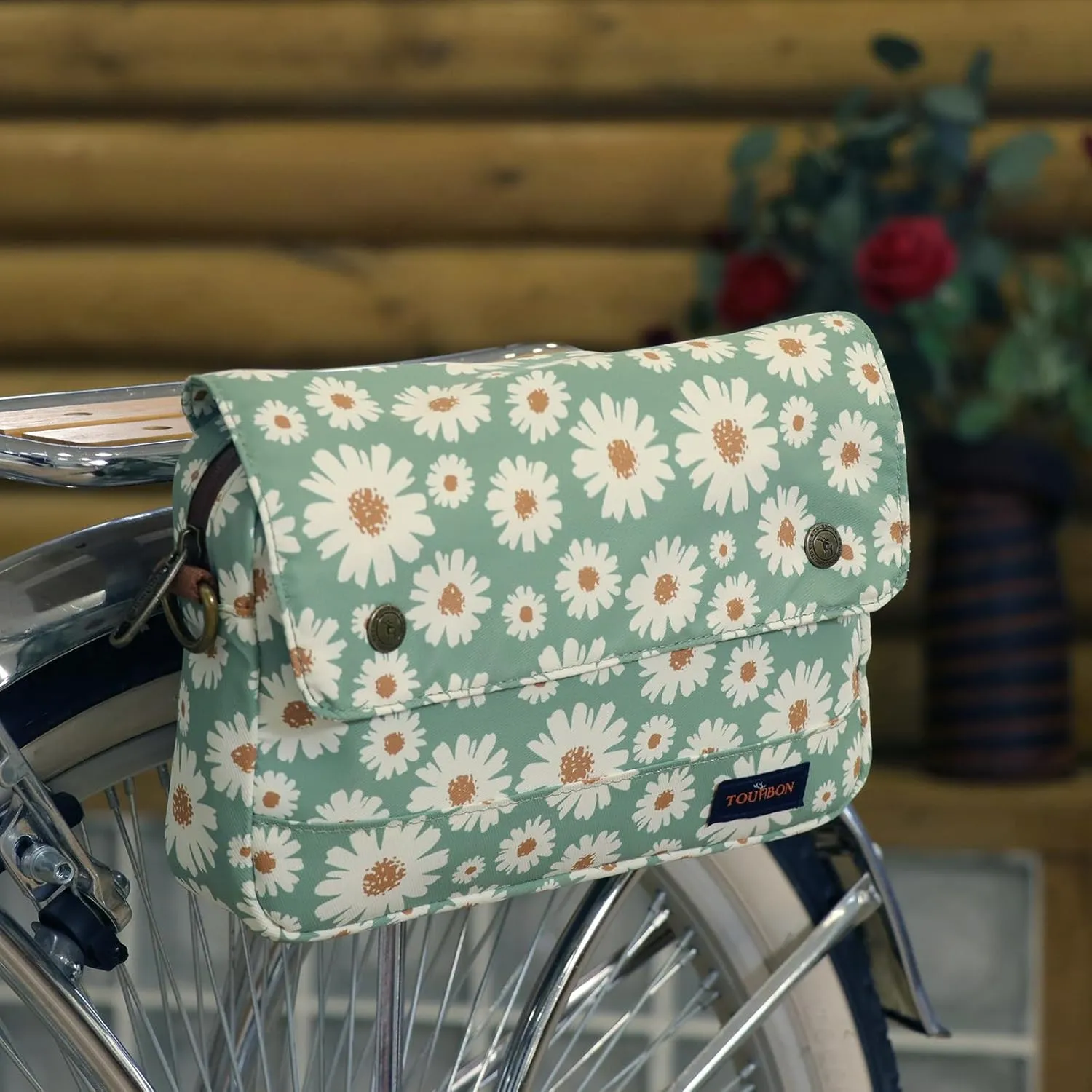 TOURBON Bike Bag Waxed Canvas Bicycle Handlebar Bag Zipper Closure Pouch Crossbar Front Frame Basket Cycling Saddebag Under Seat Strap-on Rear Rack Pannier (Light Green with Flower)