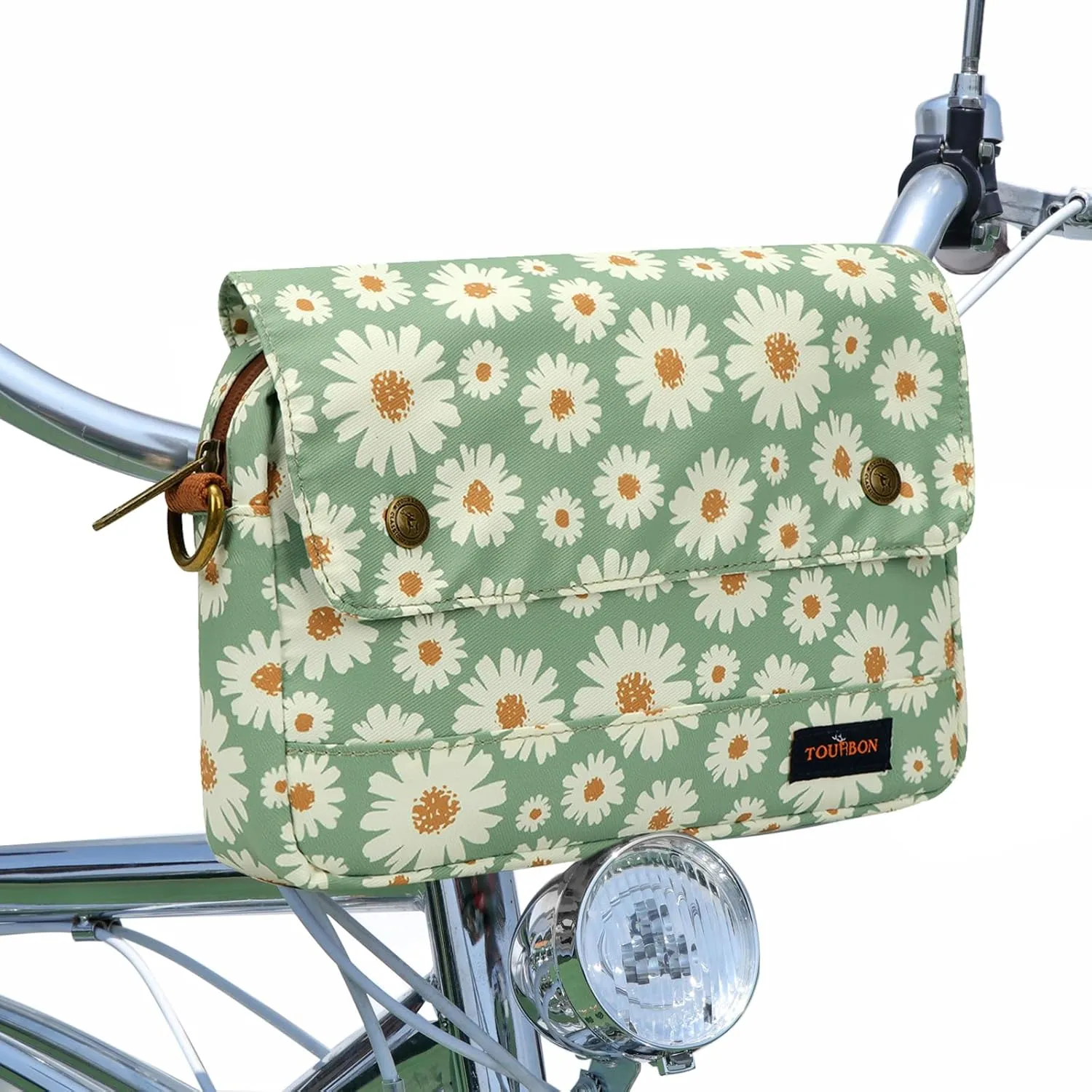 TOURBON Bike Bag Waxed Canvas Bicycle Handlebar Bag Zipper Closure Pouch Crossbar Front Frame Basket Cycling Saddebag Under Seat Strap-on Rear Rack Pannier (Light Green with Flower)