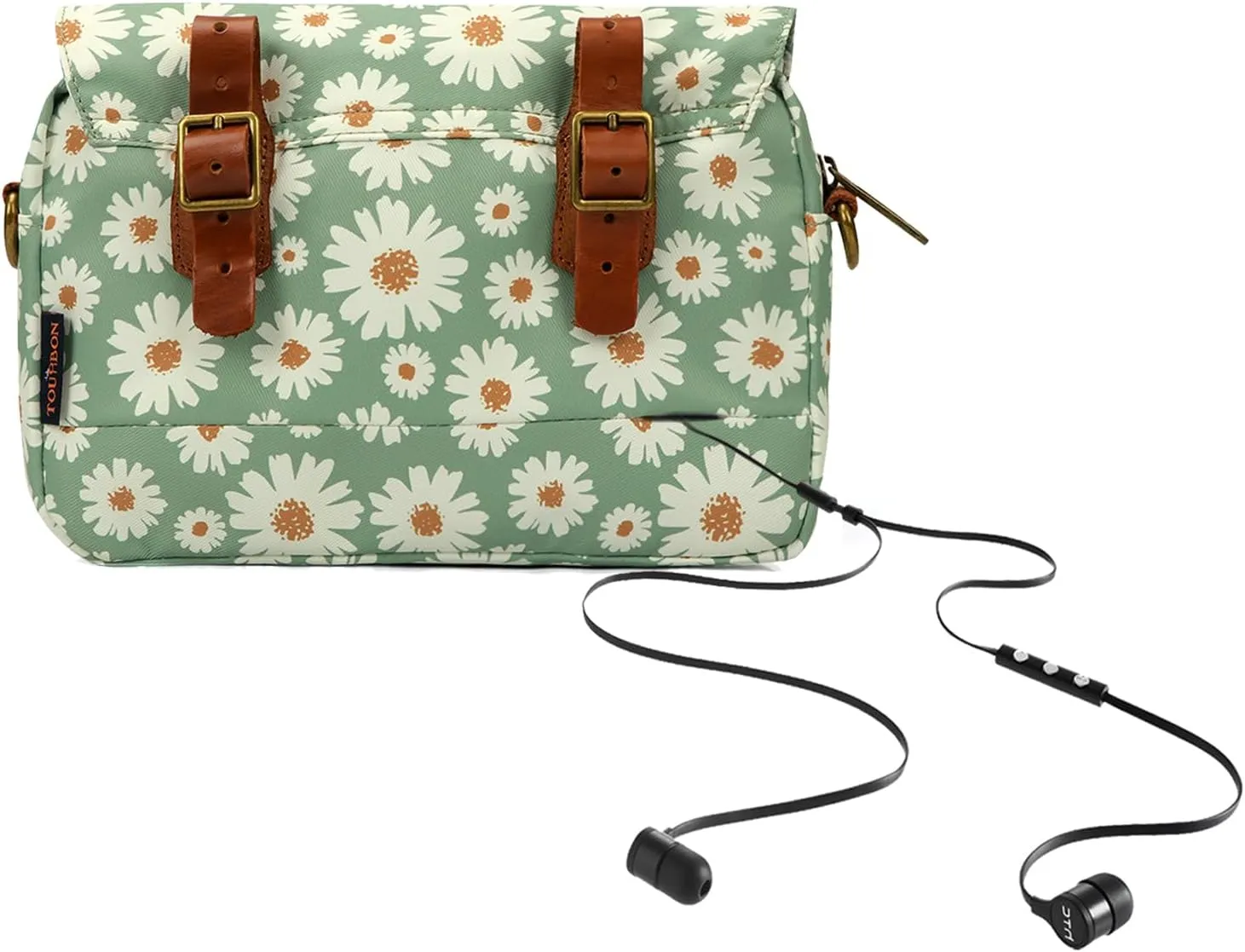 TOURBON Bike Bag Waxed Canvas Bicycle Handlebar Bag Zipper Closure Pouch Crossbar Front Frame Basket Cycling Saddebag Under Seat Strap-on Rear Rack Pannier (Light Green with Flower)