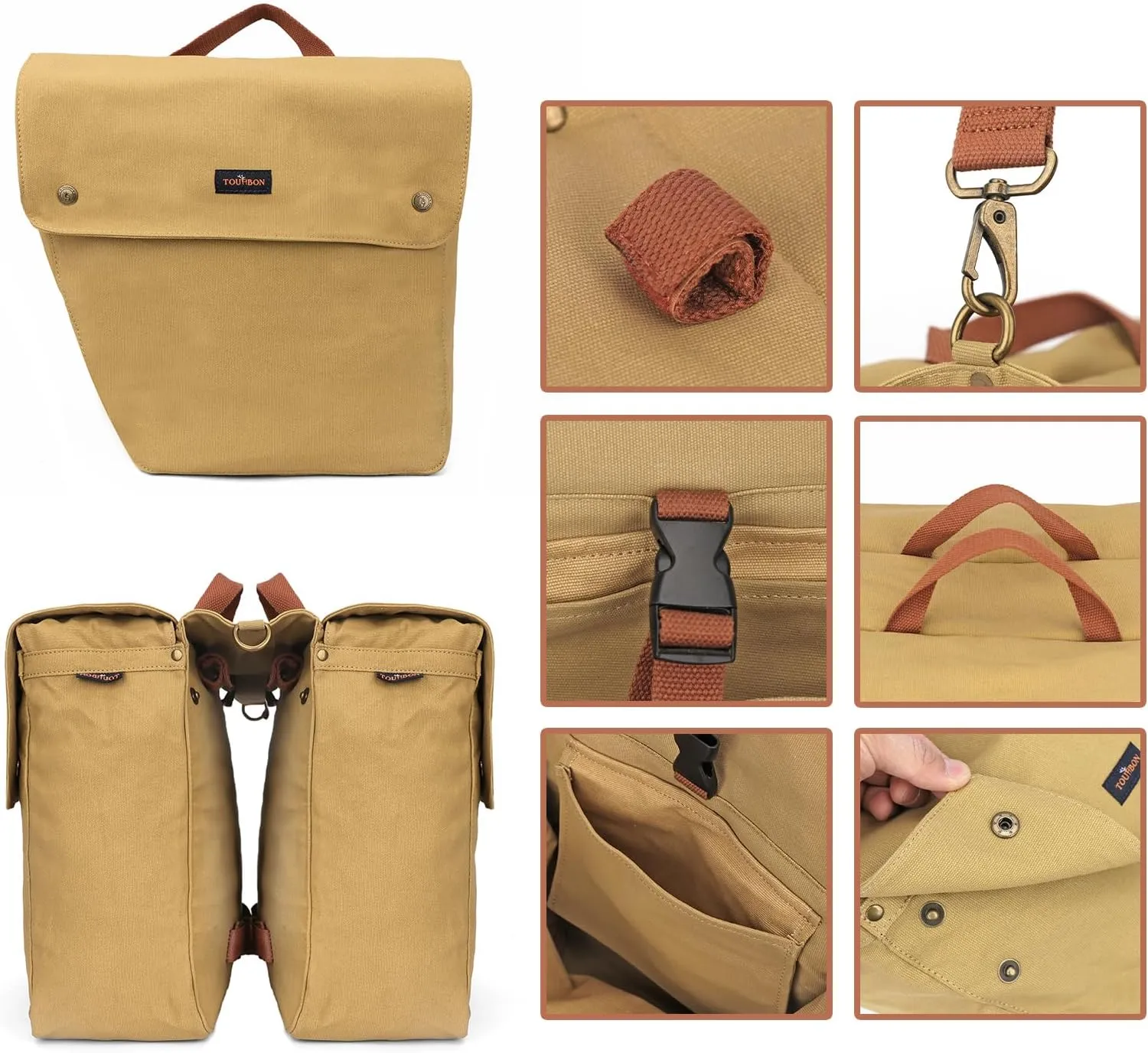 TOURBON Canvas Cycling Bicycle Bike Pannier Rear Seat Bag Rack Trunk (Waterproof, Roll-Up) (Khaki)