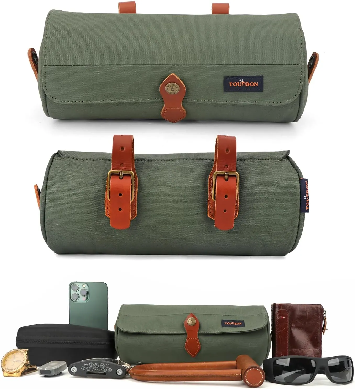 TOURBON Canvas Leather Bike Handlebar Bag with Shoulder Strap, 4.5L Bicycle Top Tube Pouch, Water-resistant Small Saddlebag storage bag for Cycling (Green)