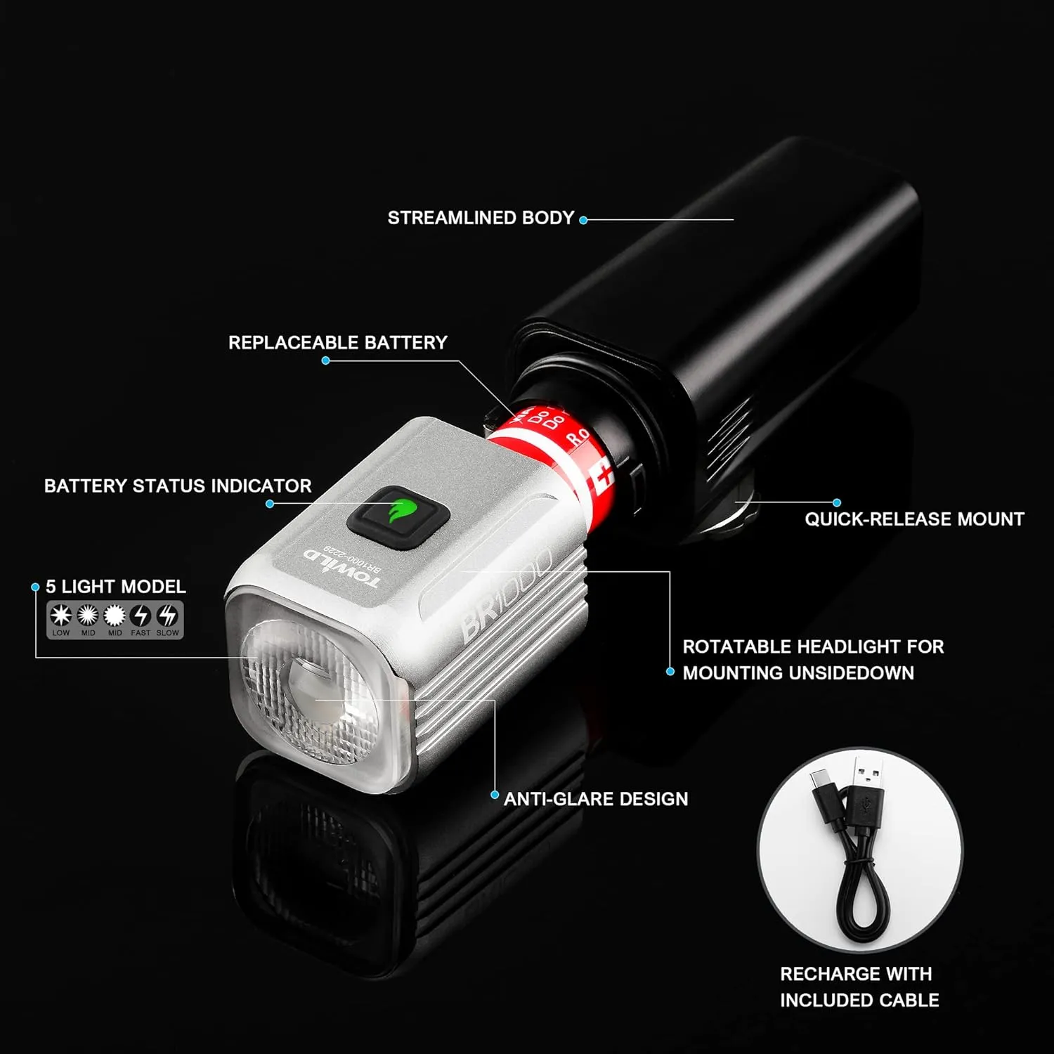 TOWILD BR1000 Bike Lights for Night Riding,1000 Lumen Lightweight Bike Front Light,Long Battery Life,Compatible with Garmin/GoPro Mount,3500mAh Rechargeable&Replaceable Battery,for Commuter Cyclists