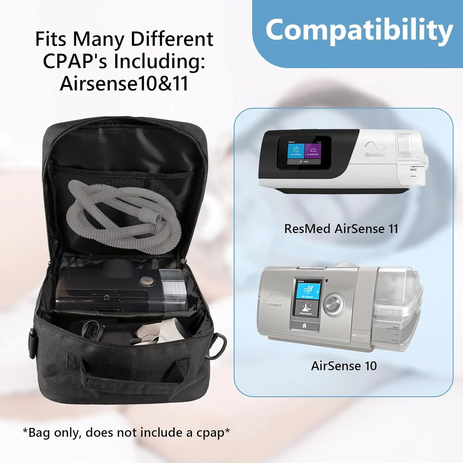 Travel Bag, Travel Carrying Bag Compatible with Airsense 10, Airsense 11, ResMed Air Mini, Dreamstation Machine and Accessories Storage Organizer Case (Bag Only) (Black)