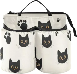 Travel Drink Cup Holder Folding Cartoon Minimalist Black Cats Travel Drink Bag with Strap Flight Attendants Businessmen Travelers