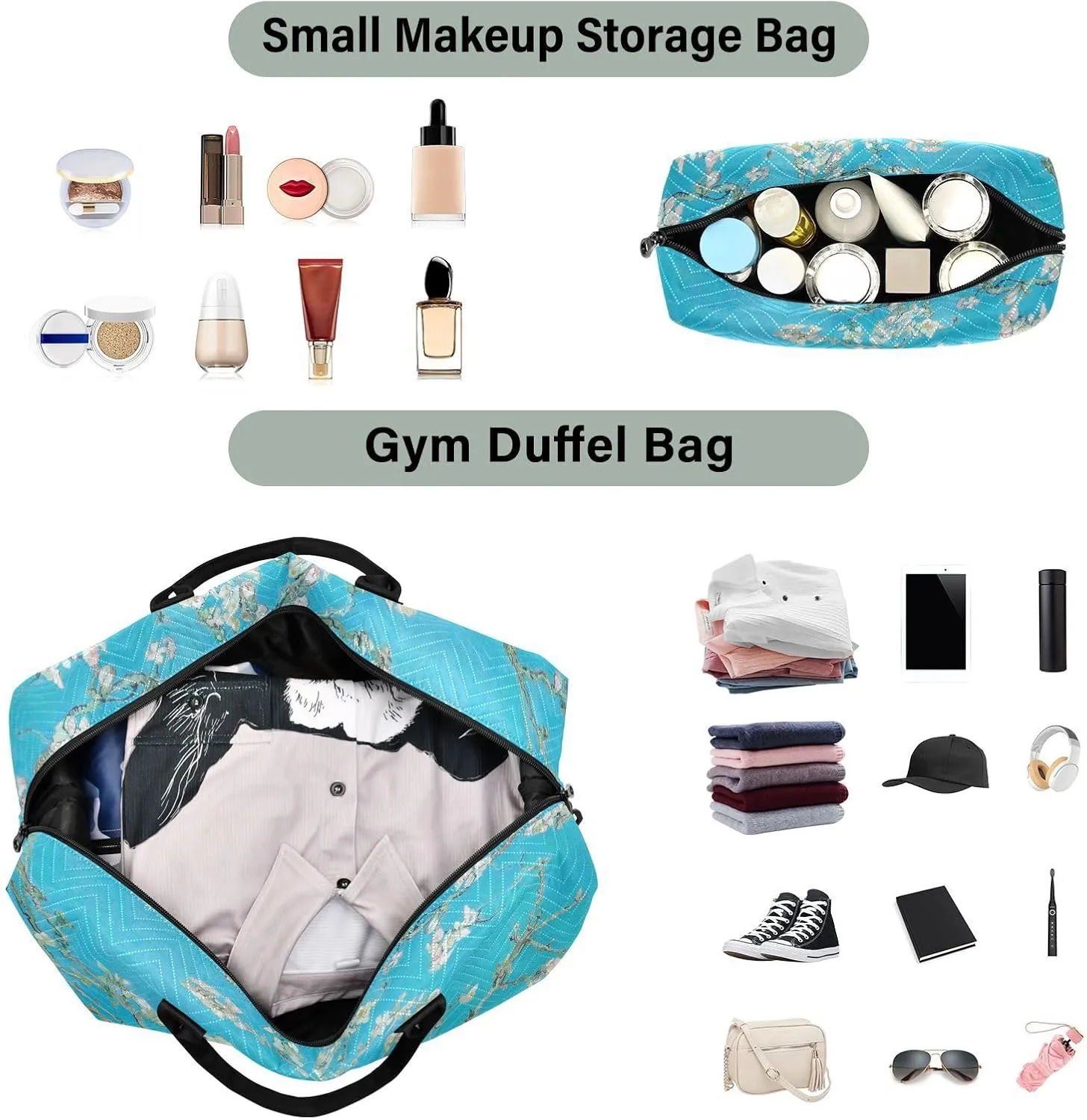 Travel Duffel Bag 2 pcs Sports Tote Gym Bag Quilted Luggage Set Large Carry-On Overnight Bag Weekend Travel Bag for Women Men
