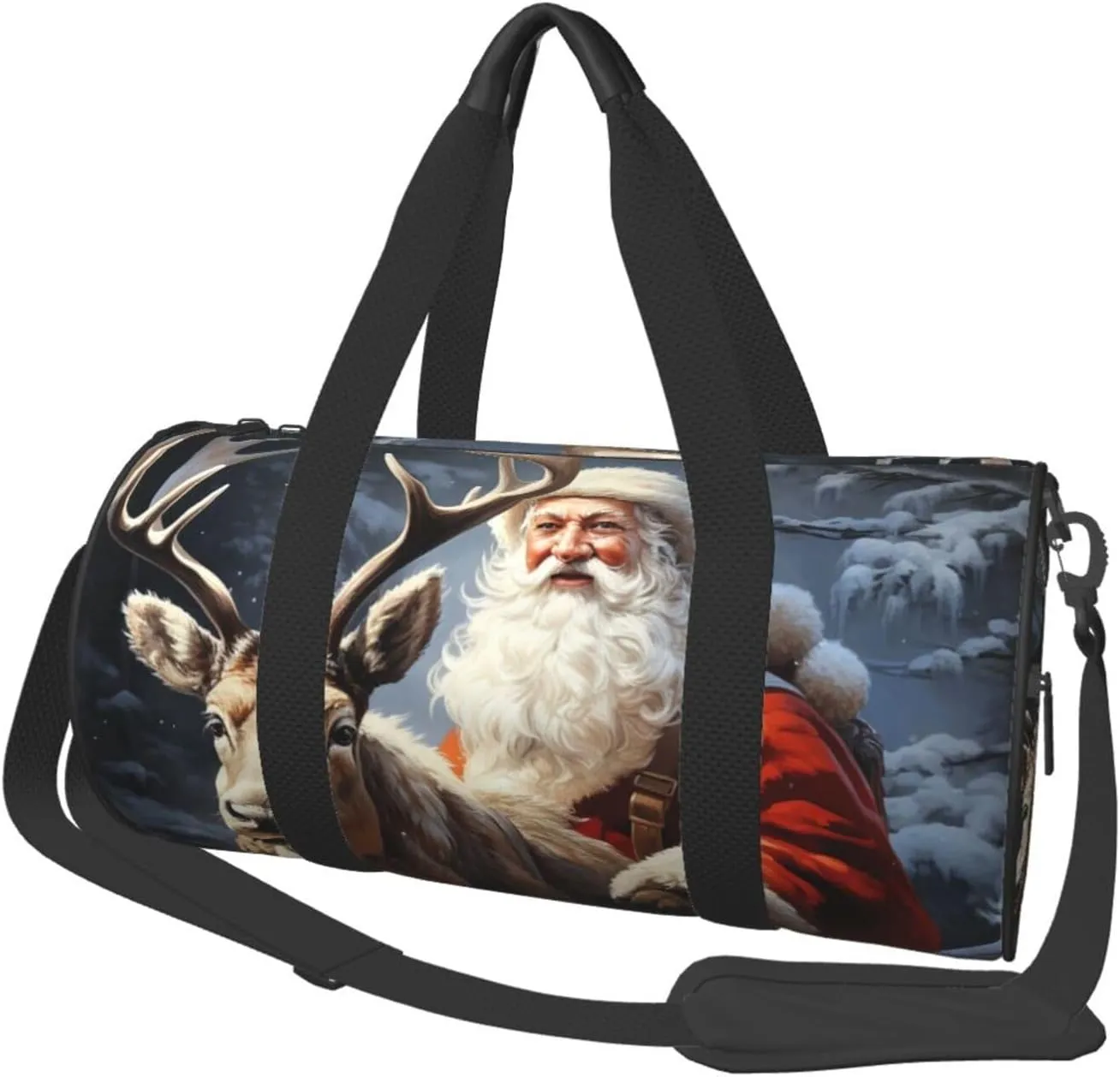 Travel Duffel Bag Foldable Weekender Overnight Bag Santa Claus and Deer Elk Sports Tote Gym Bags Large Capacity Lightweight Carry On Luggage Bags for Men Women