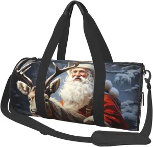 Travel Duffel Bag Foldable Weekender Overnight Bag Santa Claus and Deer Elk Sports Tote Gym Bags Large Capacity Lightweight Carry On Luggage Bags for Men Women