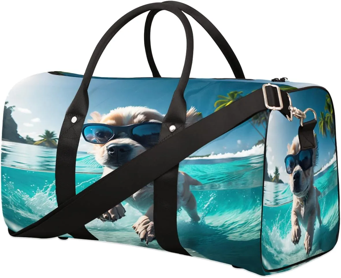Travel Duffel Bag for Men & Women, Foldable Sports Gym Bag Tote Bag with Adjustable Shoulder Straps,Cool Dog Animal Sunglasses Overnight Weekender Carry On Bag for Workout, Yoga, Swimming