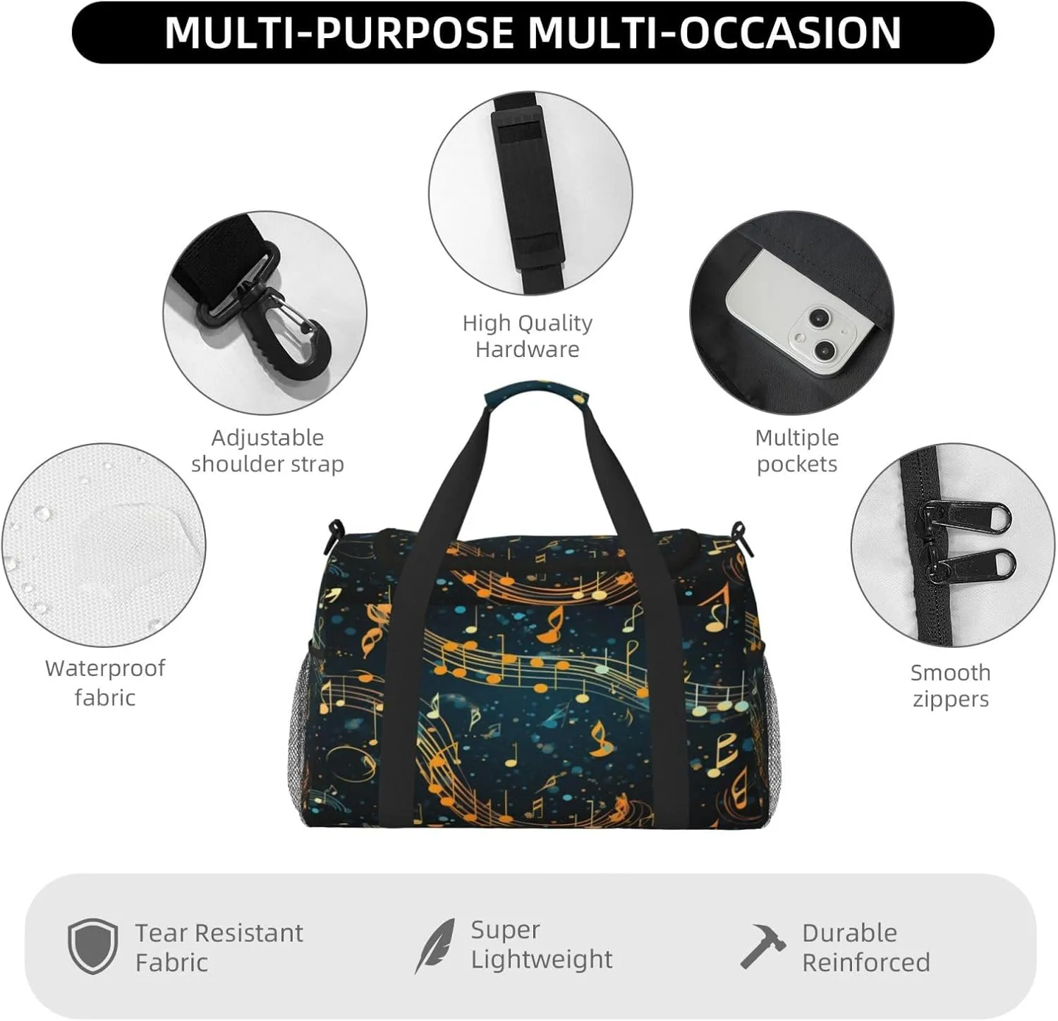 Travel Duffel Bag For Men Women, Abstract Music Notes Fantasy Galaxy Carry On Sport Gym Bag With Shoulder Strap Lightweight Waterproof Weekender Bag Overnight Bag