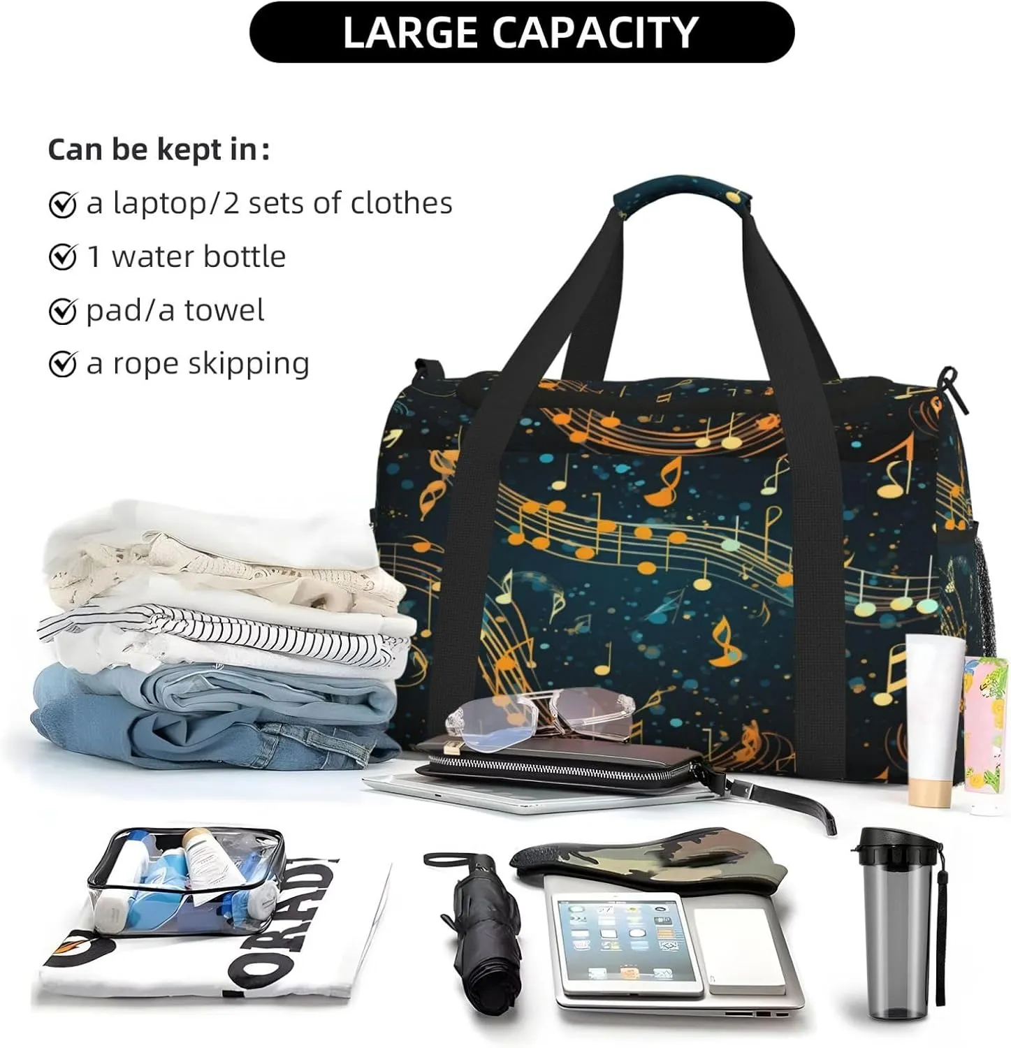 Travel Duffel Bag For Men Women, Abstract Music Notes Fantasy Galaxy Carry On Sport Gym Bag With Shoulder Strap Lightweight Waterproof Weekender Bag Overnight Bag