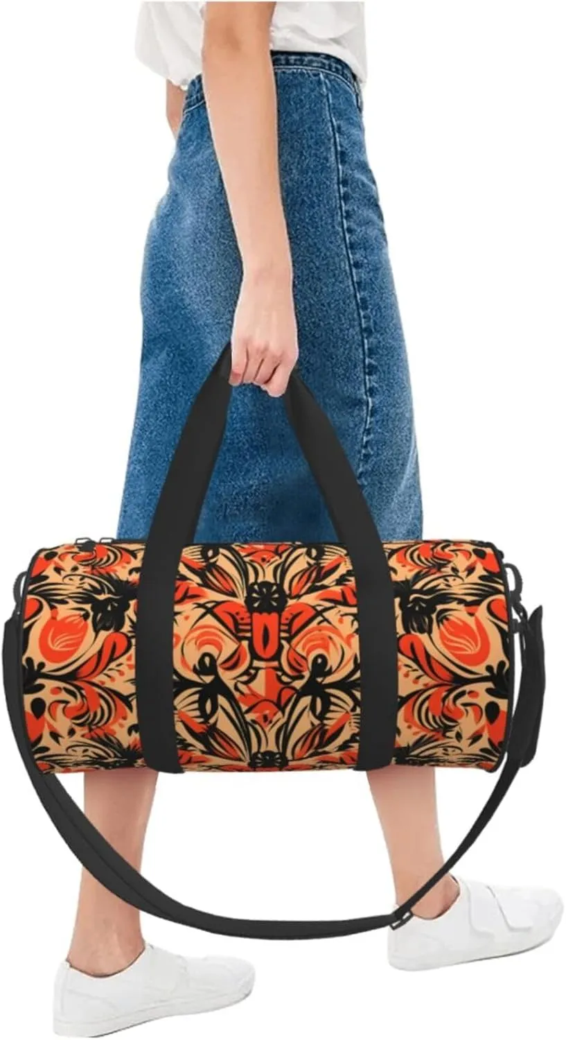 Travel Duffel Bag Orange Folk Pattern Weekender Overnight Bag For Men Women Large Capacity Sports Gym Bag Canvas Carry On Tote Bags For Travel Yoga