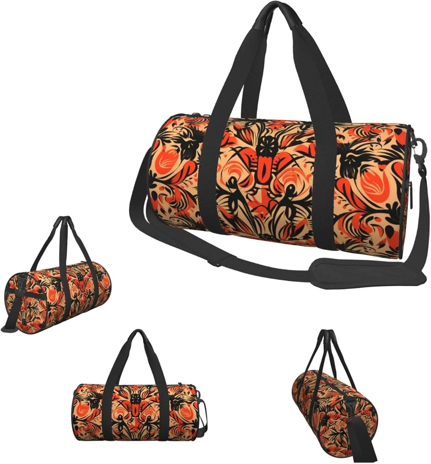 Travel Duffel Bag Orange Folk Pattern Weekender Overnight Bag For Men Women Large Capacity Sports Gym Bag Canvas Carry On Tote Bags For Travel Yoga