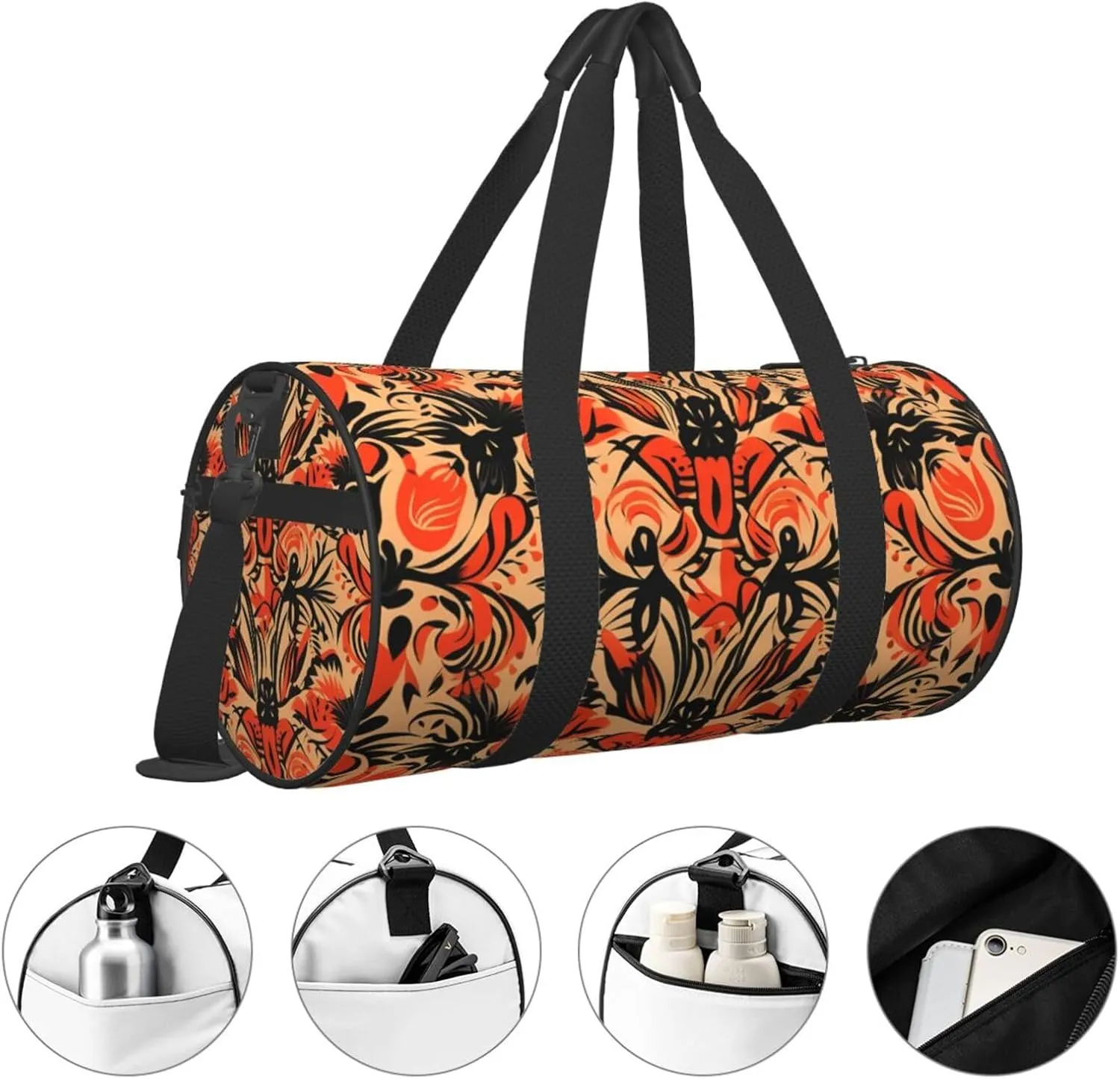 Travel Duffel Bag Orange Folk Pattern Weekender Overnight Bag For Men Women Large Capacity Sports Gym Bag Canvas Carry On Tote Bags For Travel Yoga
