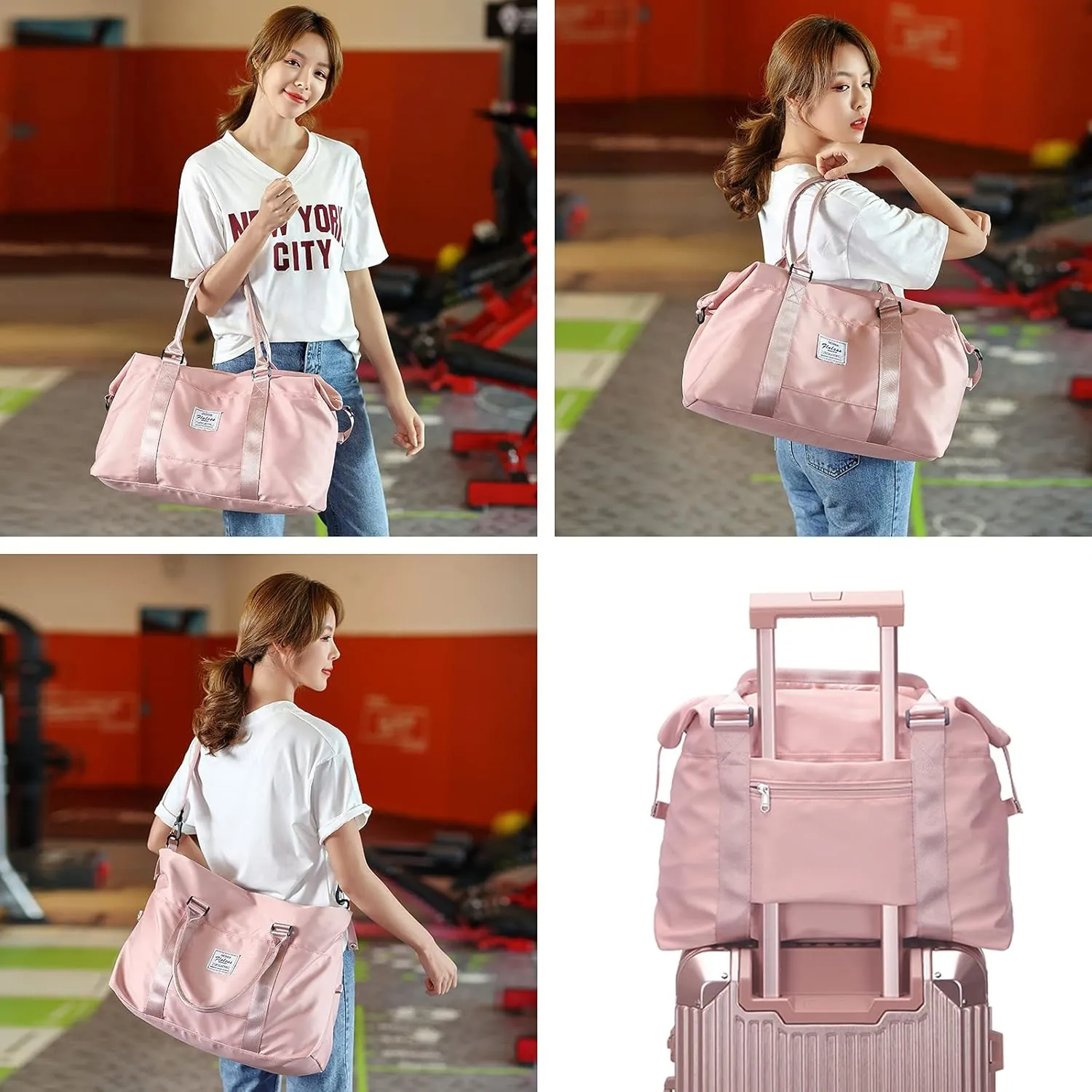 Travel Duffel Bag, Sports Tote COLOY Bag, Shoulder Weekender Overnight Bag for Women(F-Pink with Toiletry Bag&Fanny Pack)