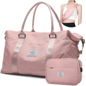 Travel Duffel Bag, Sports Tote COLOY Bag, Shoulder Weekender Overnight Bag for Women(F-Pink with Toiletry Bag&Fanny Pack)